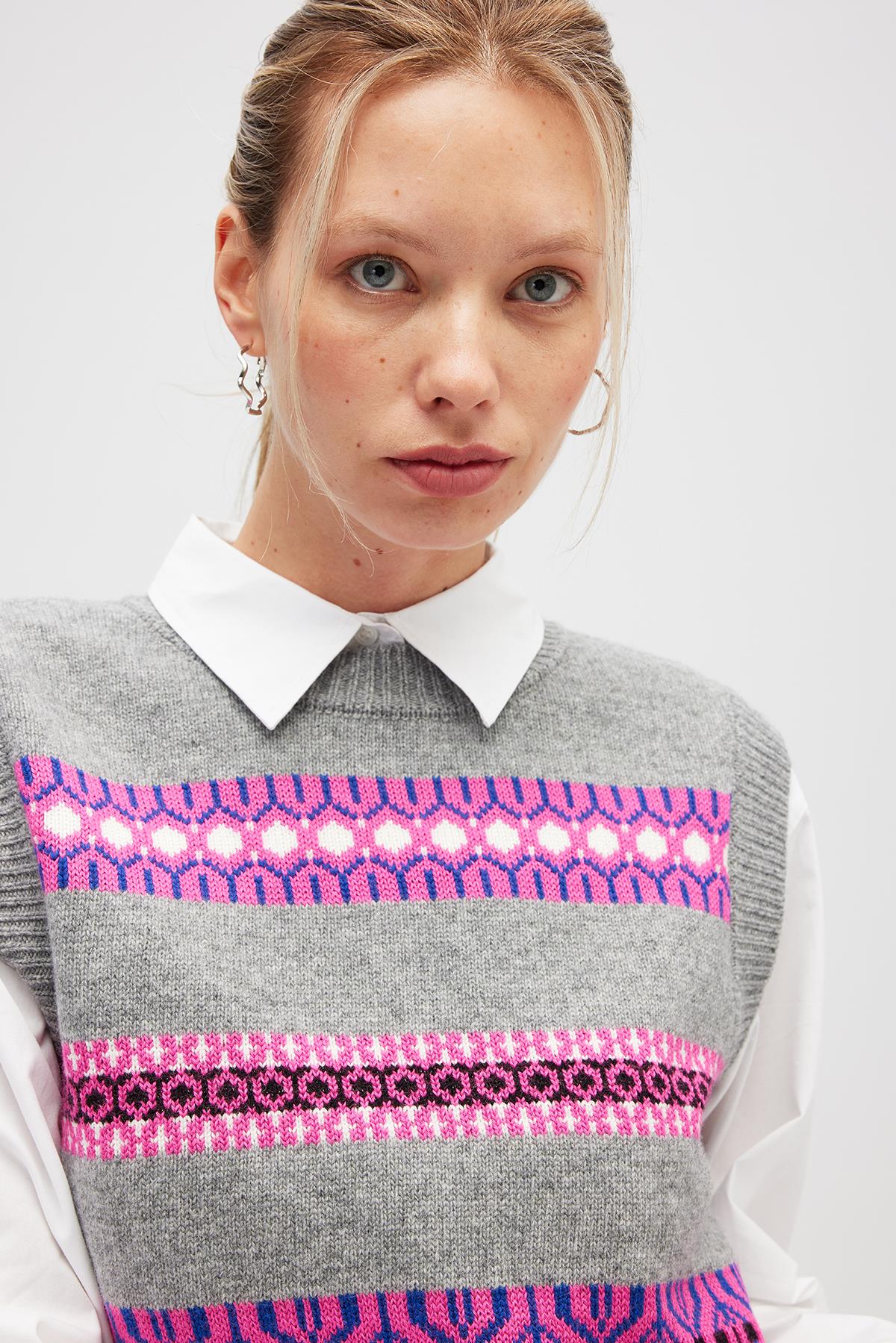 Peraluna Simone Kadın Jakarlı Triko Süveter - Gri Melanj Multi