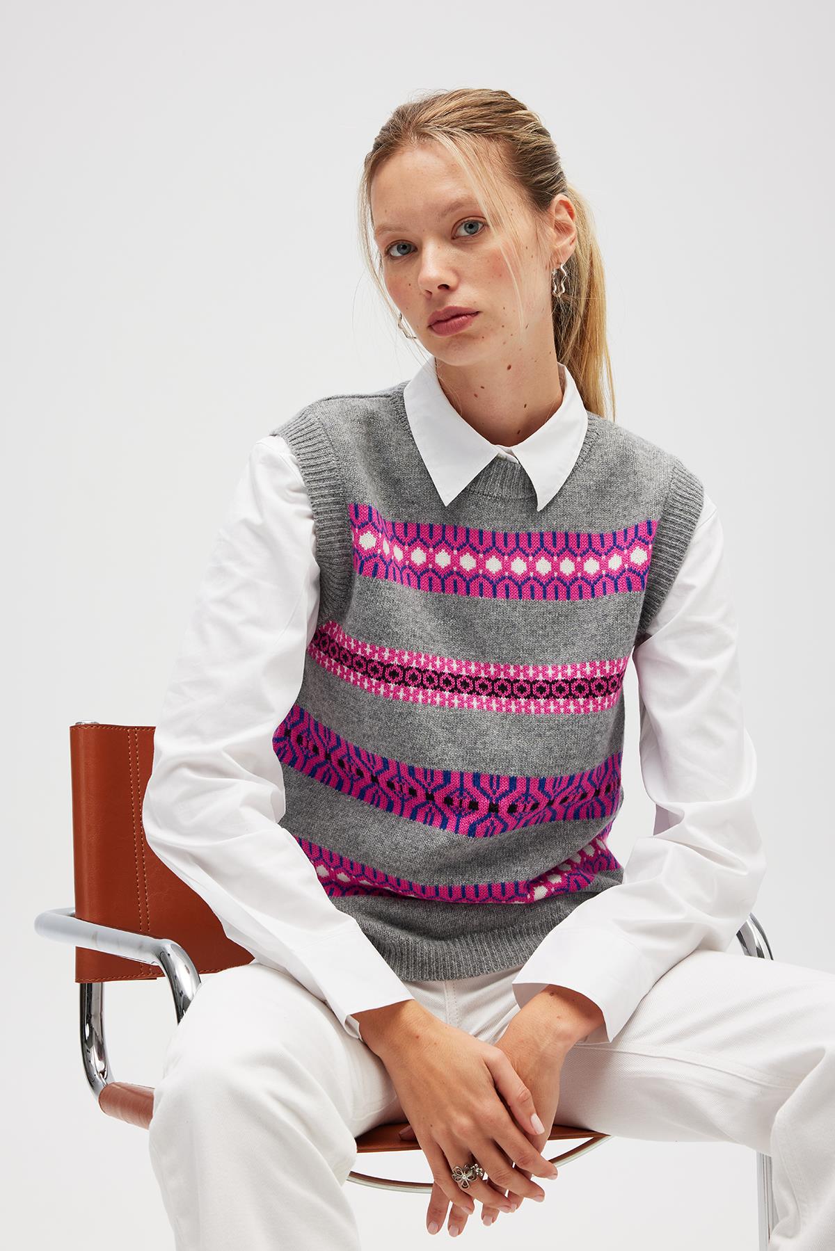 Peraluna Simone Kadın Jakarlı Triko Süveter - Gri Melanj Multi