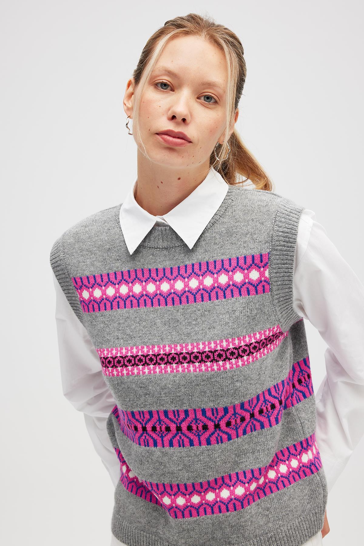 Peraluna Simone Kadın Jakarlı Triko Süveter - Gri Melanj Multi