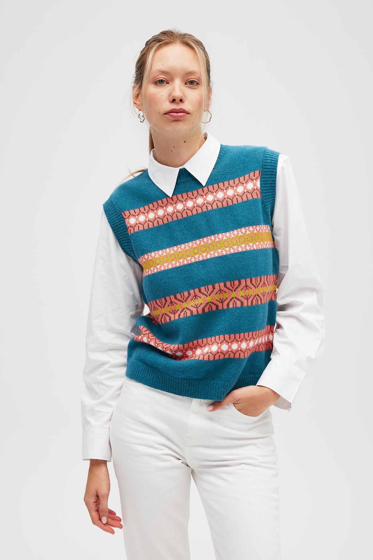 Peraluna Simone Kadın Jakarlı Triko Süveter - Mavi