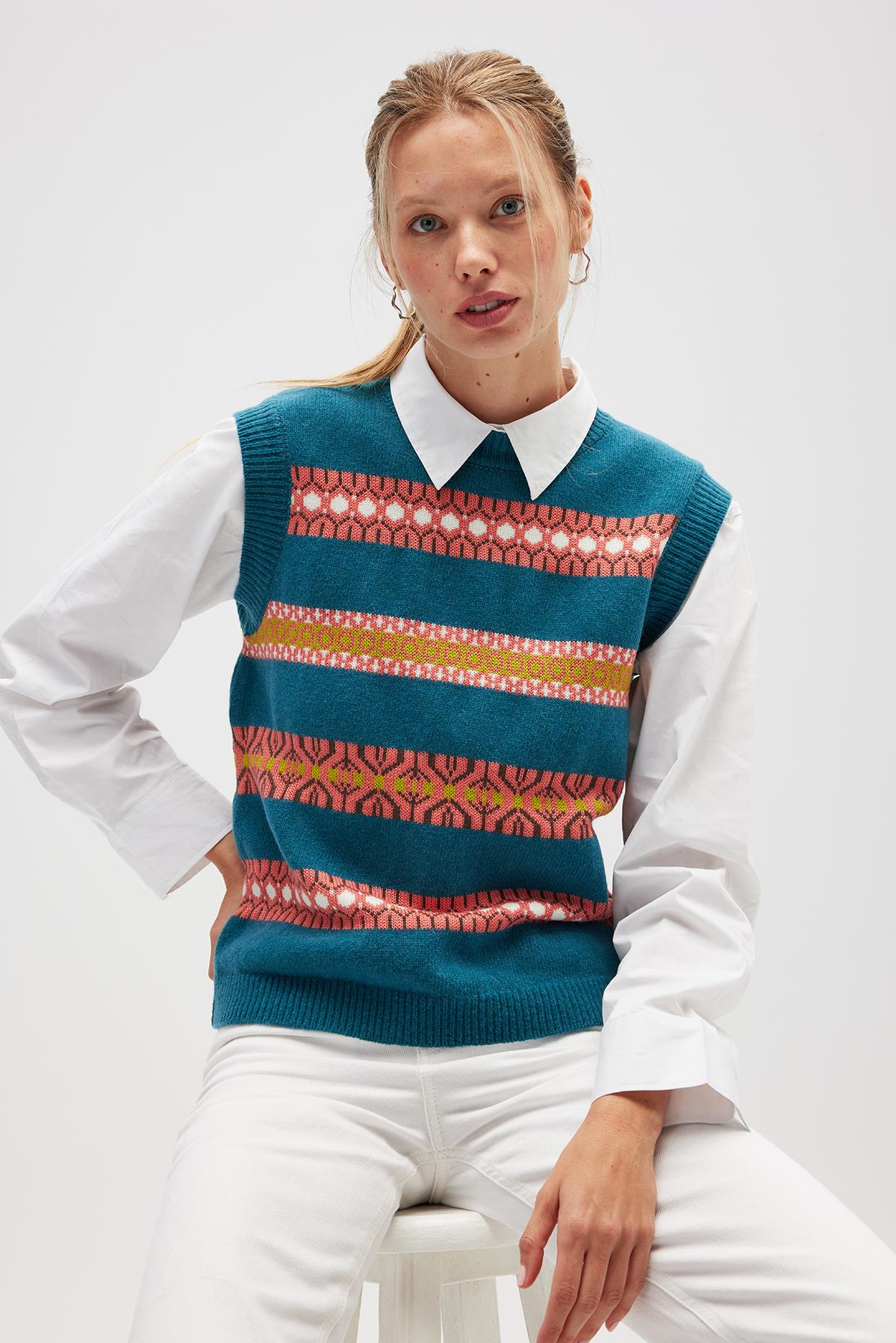 Peraluna Simone Kadın Jakarlı Triko Süveter - Mavi