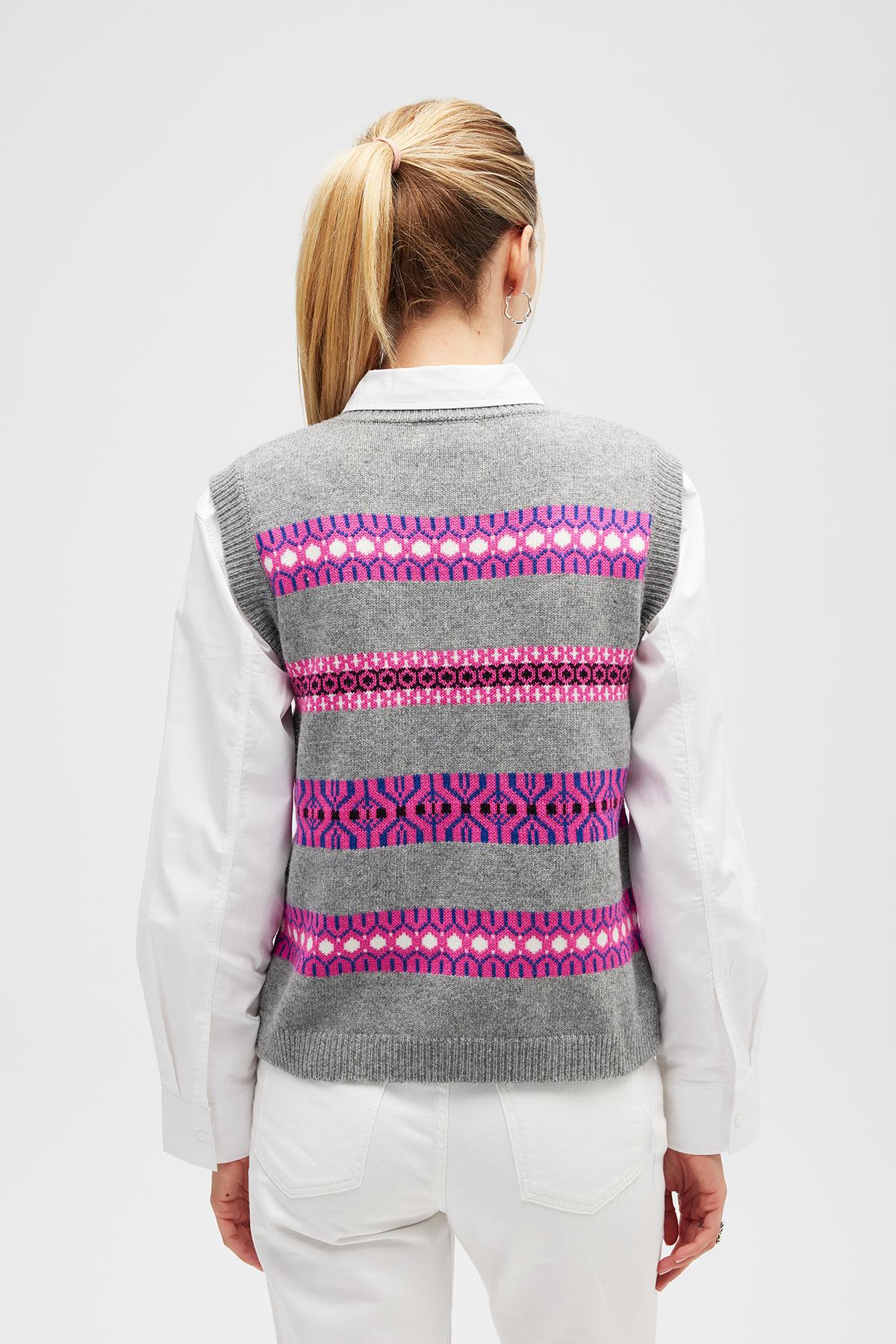 Peraluna Simone Kadın Jakarlı Triko Süveter - Gri Melanj Multi