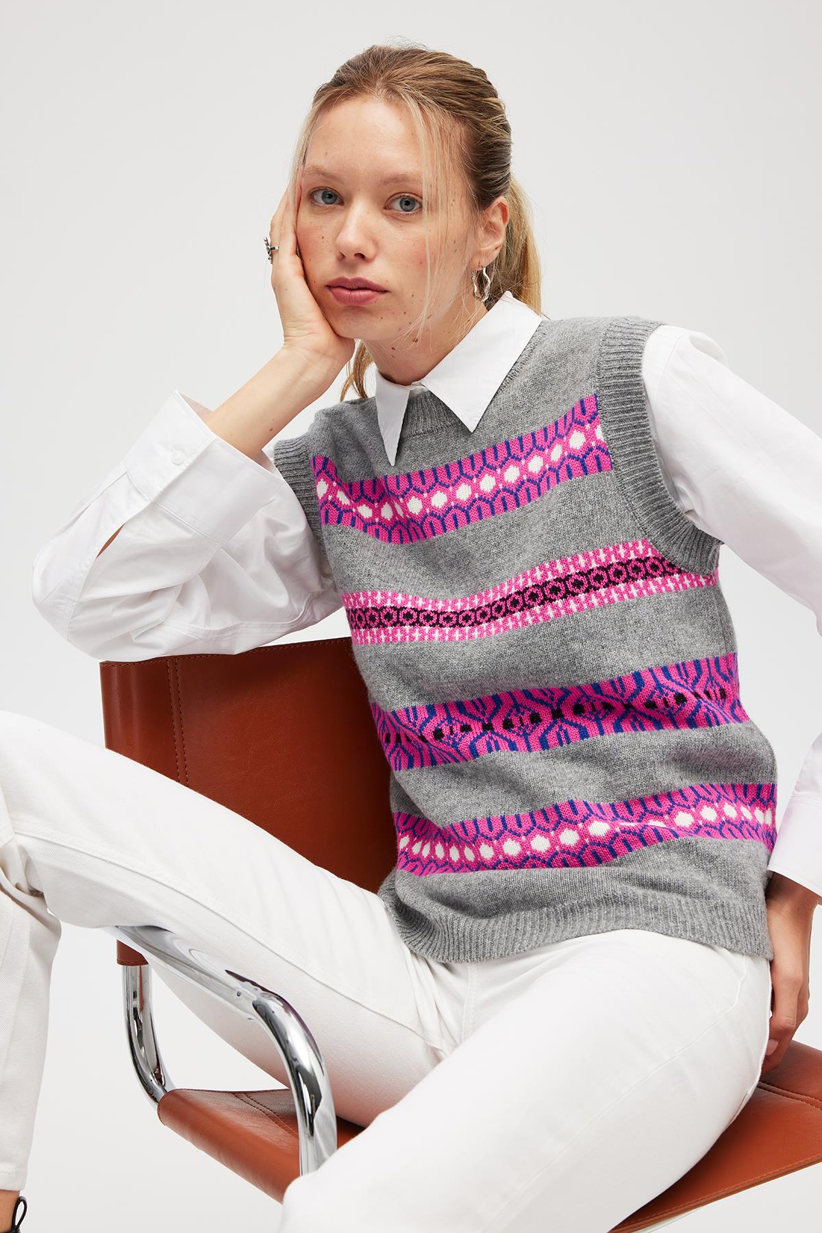 Peraluna Simone Kadın Jakarlı Triko Süveter - Gri Melanj Multi