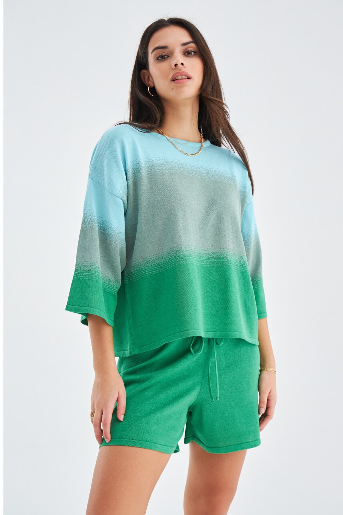 Peraluna SİRİ BLOUSE & SHORTS Yazlık Triko Kadın Şort Takım Nil Yeşili