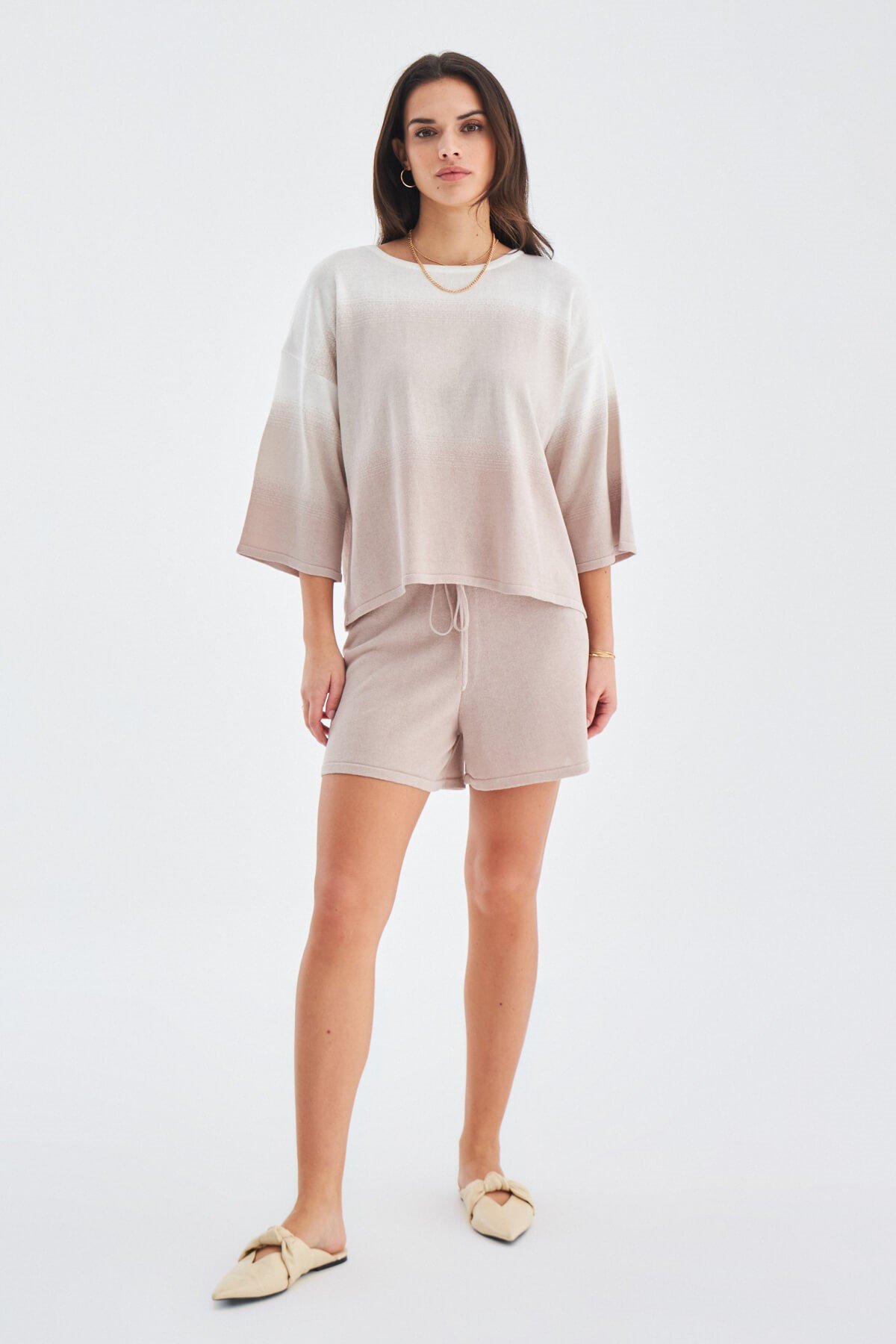 Peraluna SİRİ BLOUSE & SHORTS Yazlık Triko Kadın Şort Takım Bej