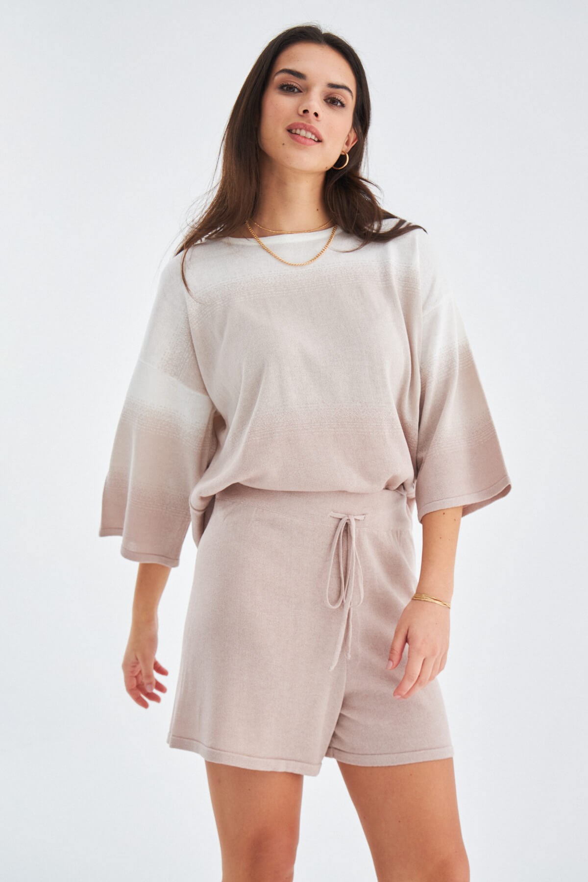 Peraluna SİRİ BLOUSE & SHORTS Yazlık Triko Kadın Şort Takım Bej