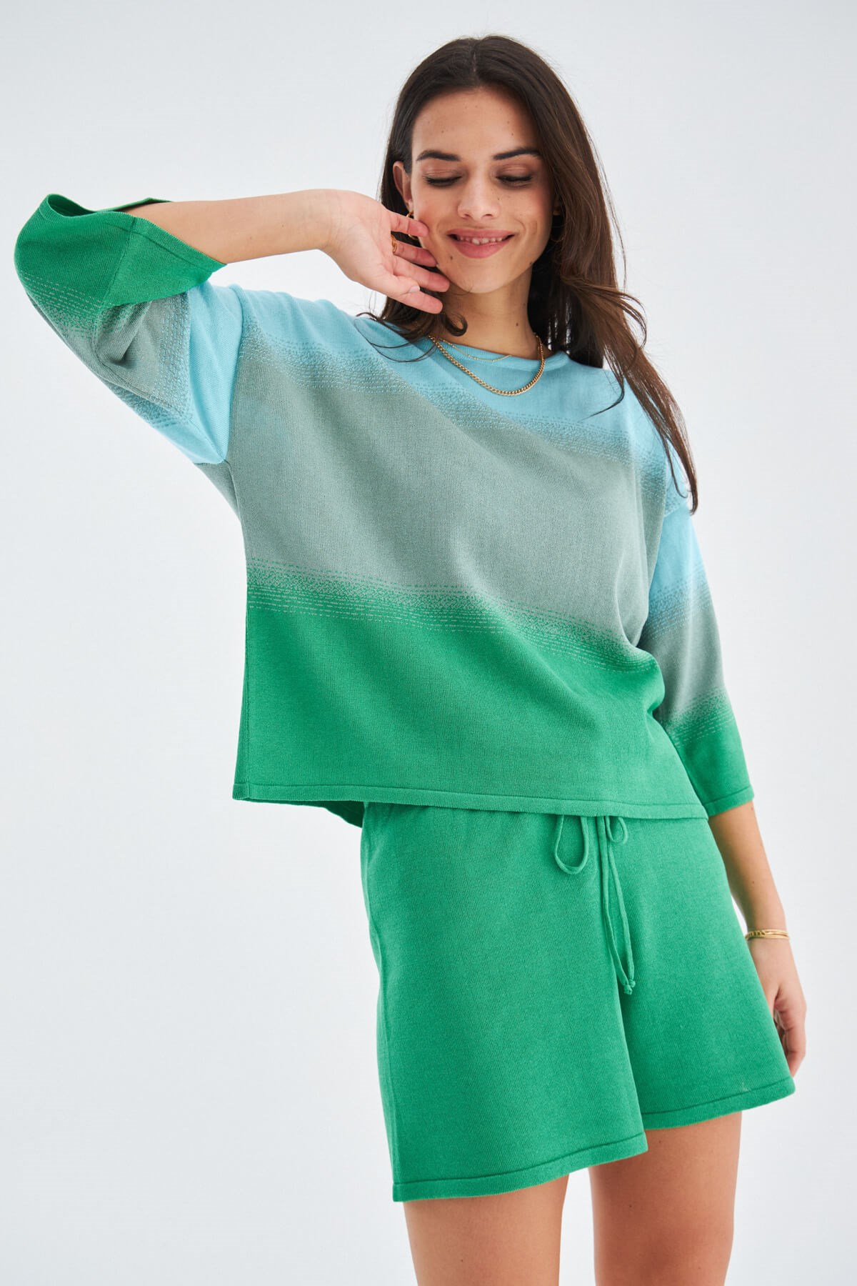 Peraluna SİRİ BLOUSE & SHORTS Yazlık Triko Kadın Şort Takım Nil Yeşili