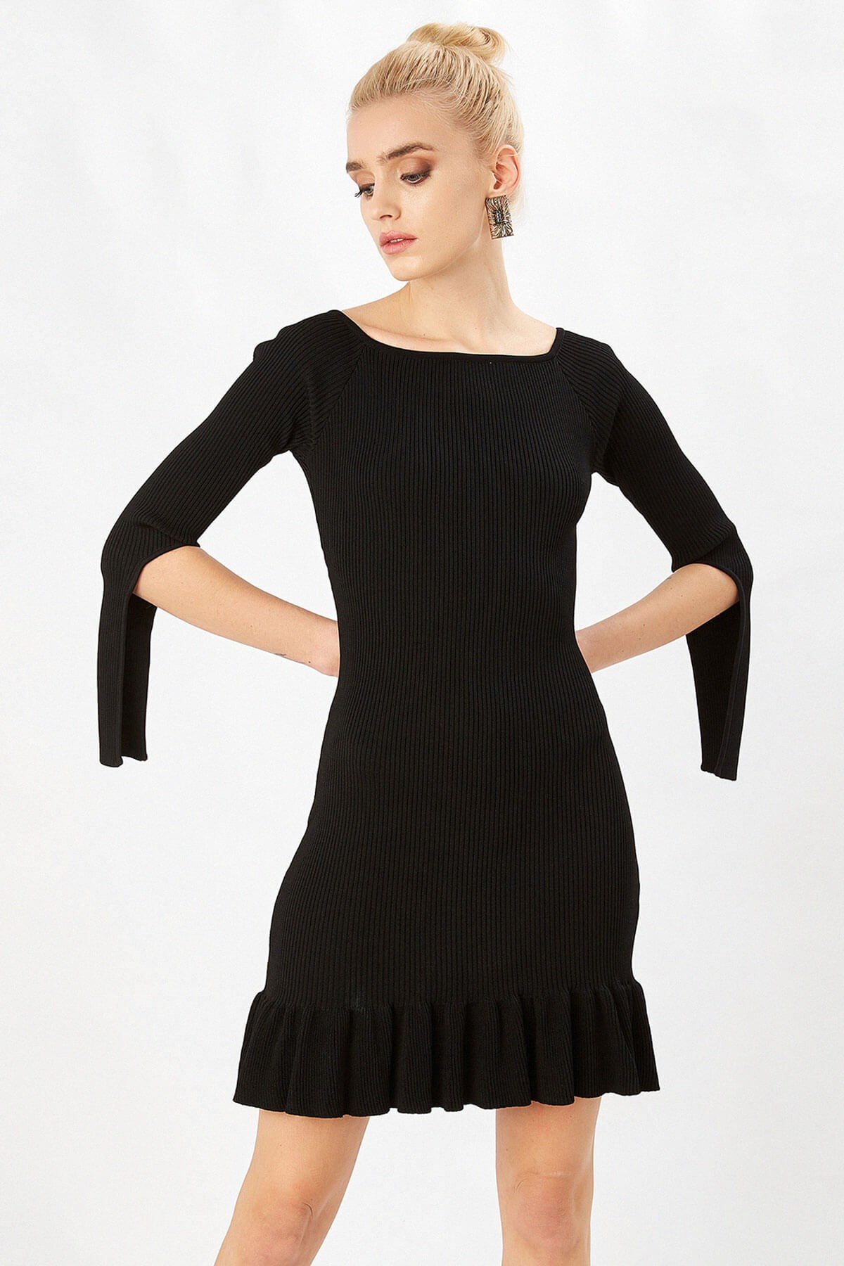 Peraluna Ruffled Women's Ribbed Knitwear Evening Dress  - Black