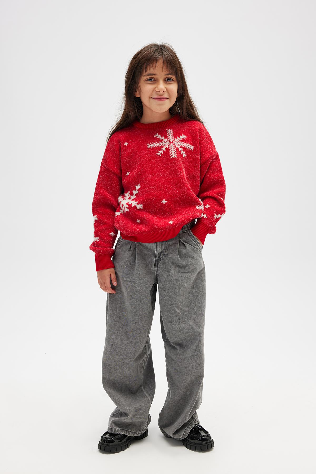 Peraluna Snowflake Kar Tanesi Desenli Çocuk Yılbaşı Kazağı - Kırmızı