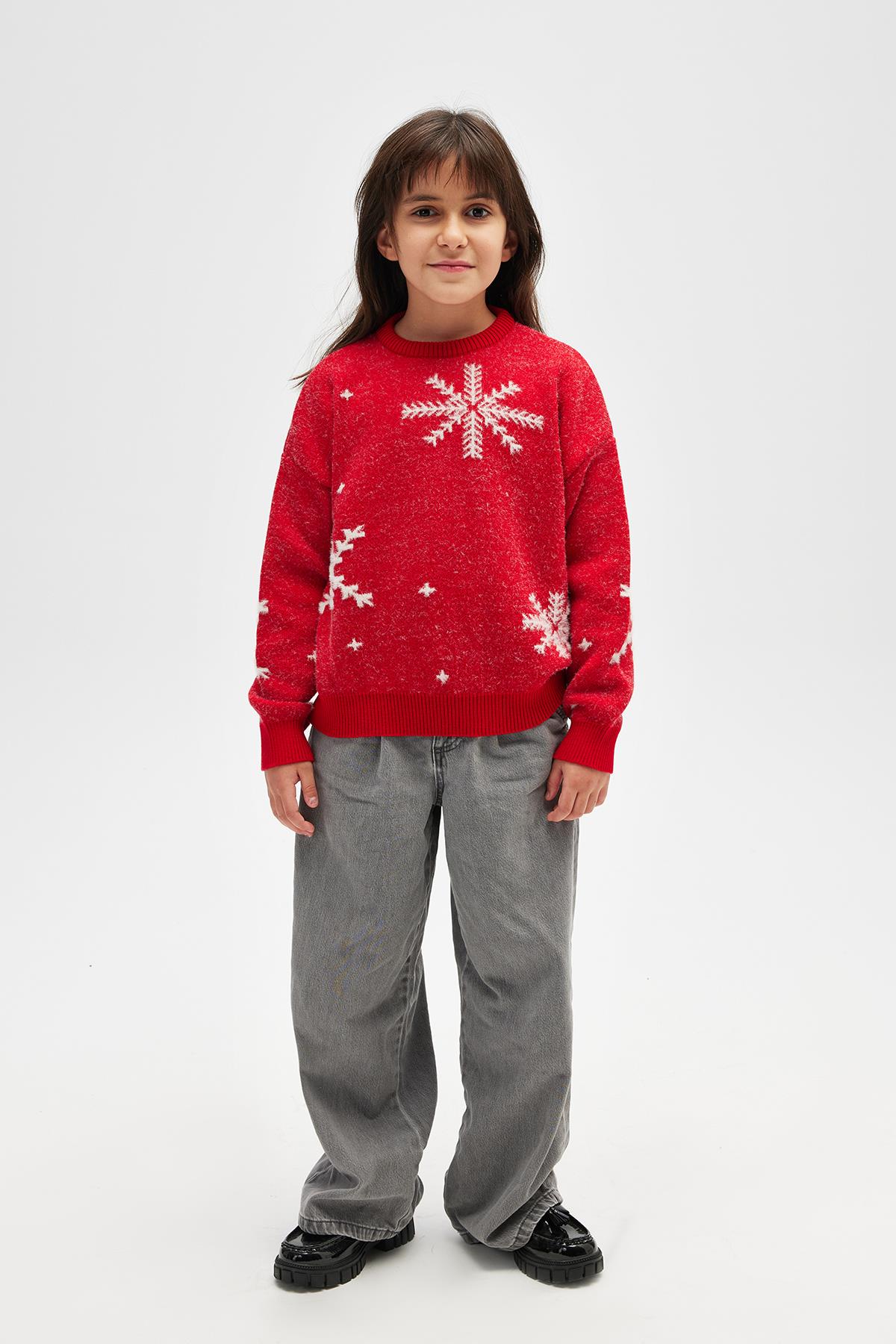 Peraluna Snowflake Kar Tanesi Desenli Çocuk Yılbaşı Kazağı - Kırmızı