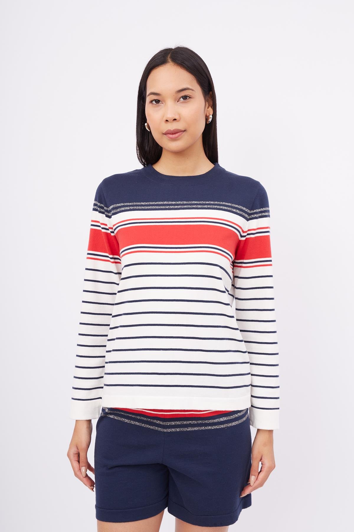 Peraluna SOFIA PULLOVER Organik Pamuk Çizgili Mevsimlik Kadın Triko Kazak - Lacivert Multi