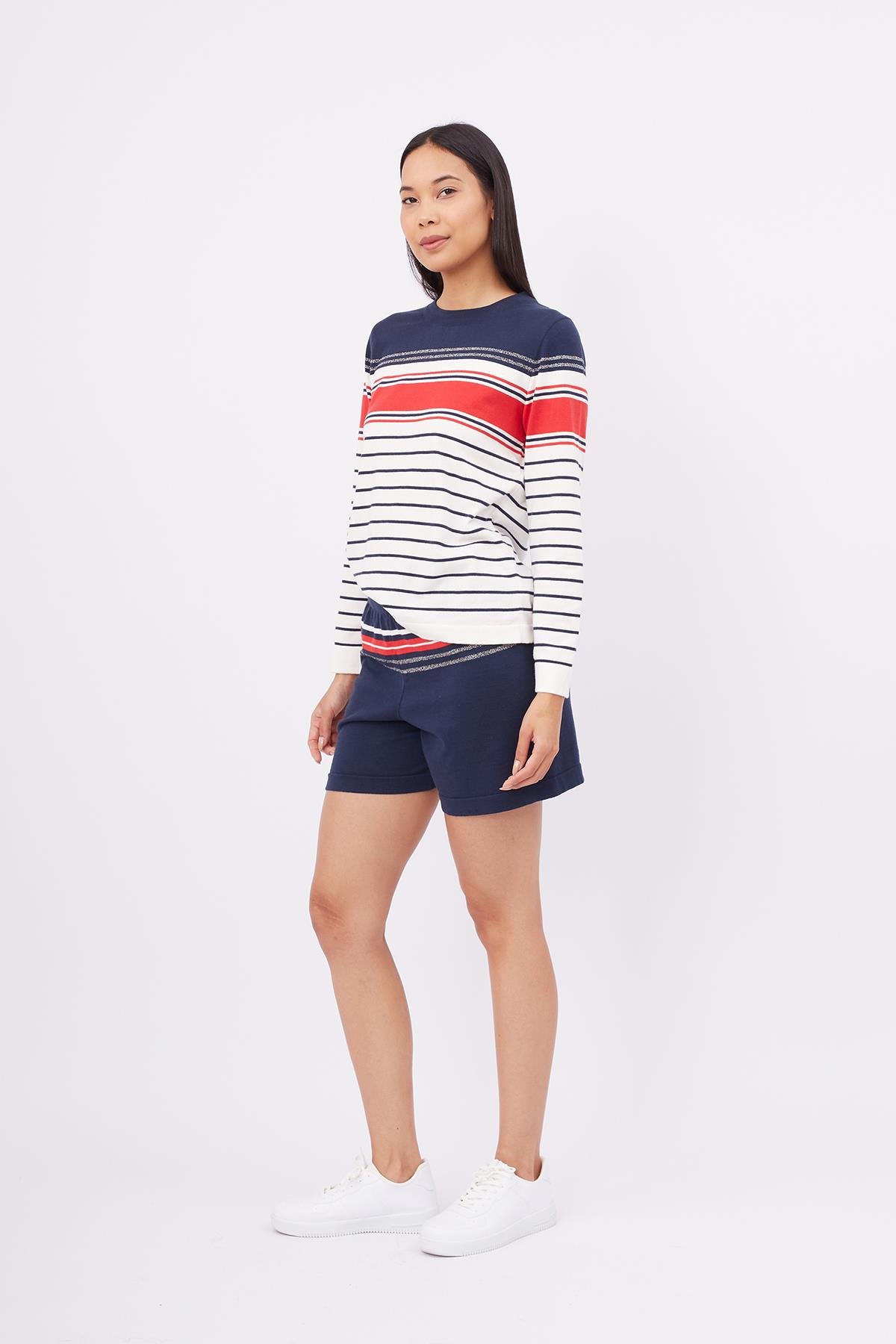 Peraluna SOFIA SHORT Çizgili Beli Lastikli Standart Kesim Kadın Triko Şort - Lacivert
