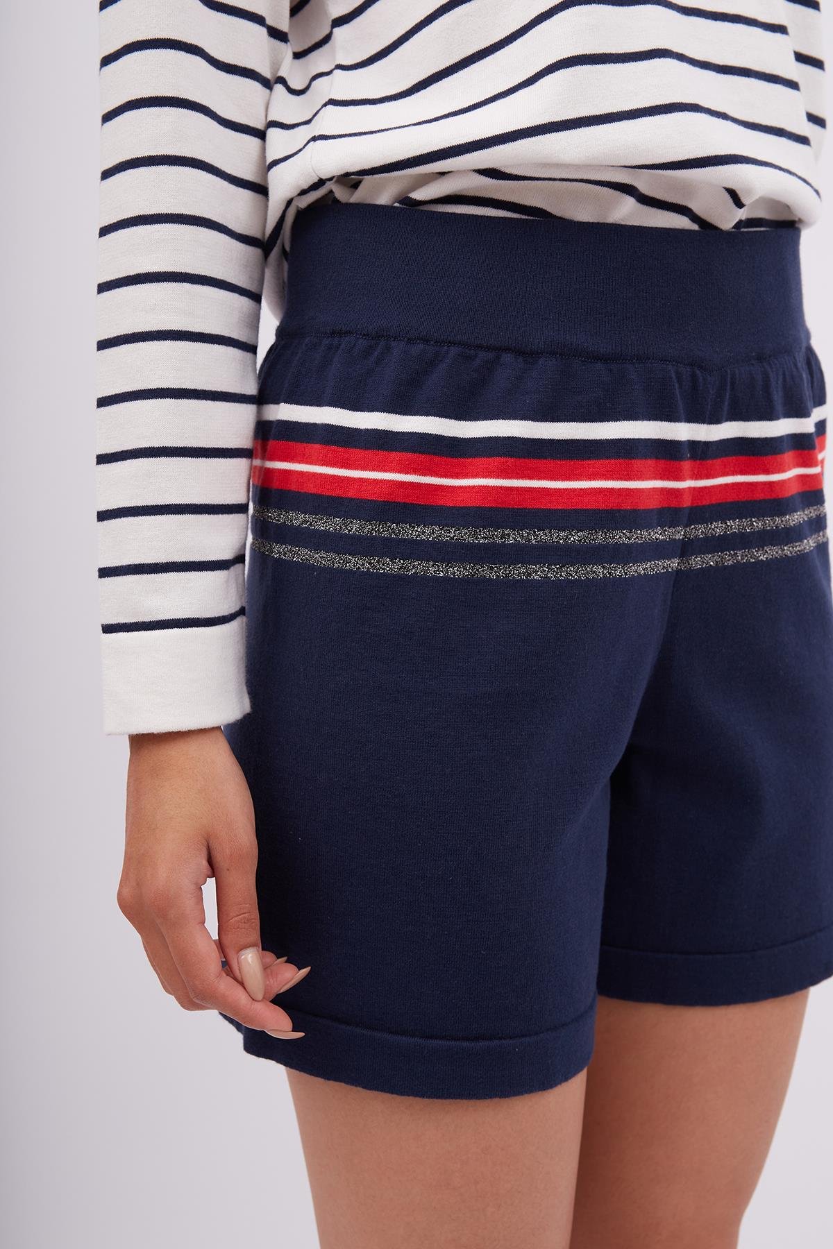 Peraluna SOFIA SHORT Çizgili Beli Lastikli Standart Kesim Kadın Triko Şort - Lacivert