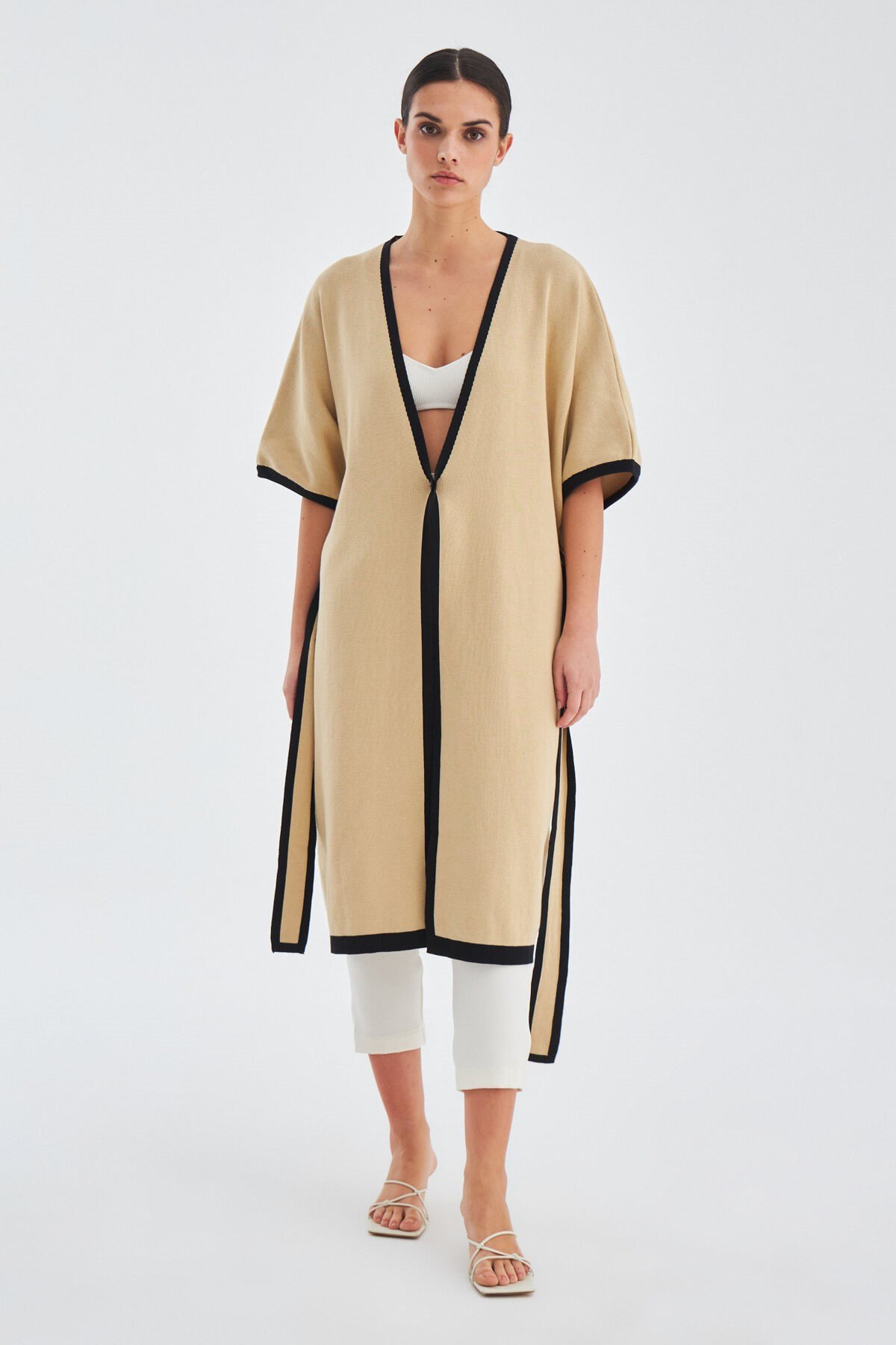 Peraluna SOHO Short Sleeve 100% Cotton Women's Knitwear Kimono - Beige/Black