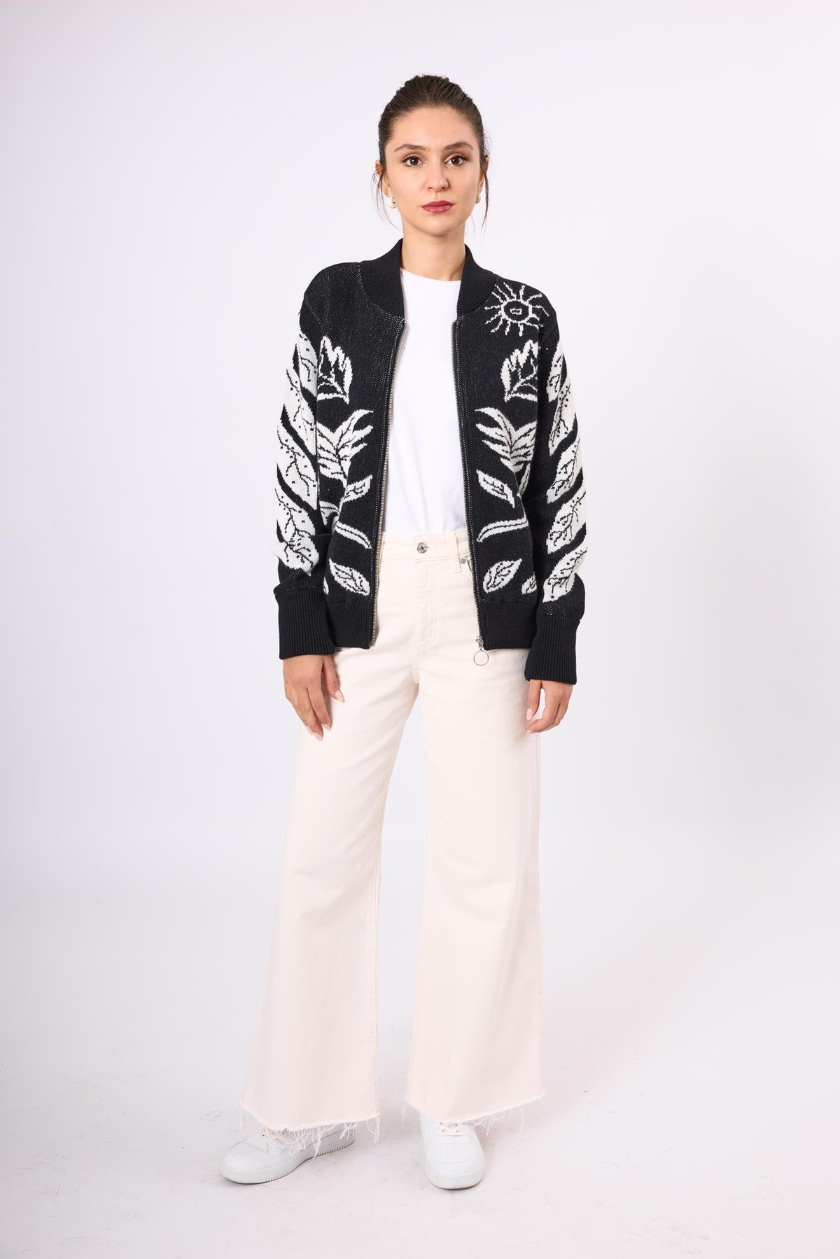 Peraluna Stardust Kadın Triko Bomber Ceket - Siyah/Ekru