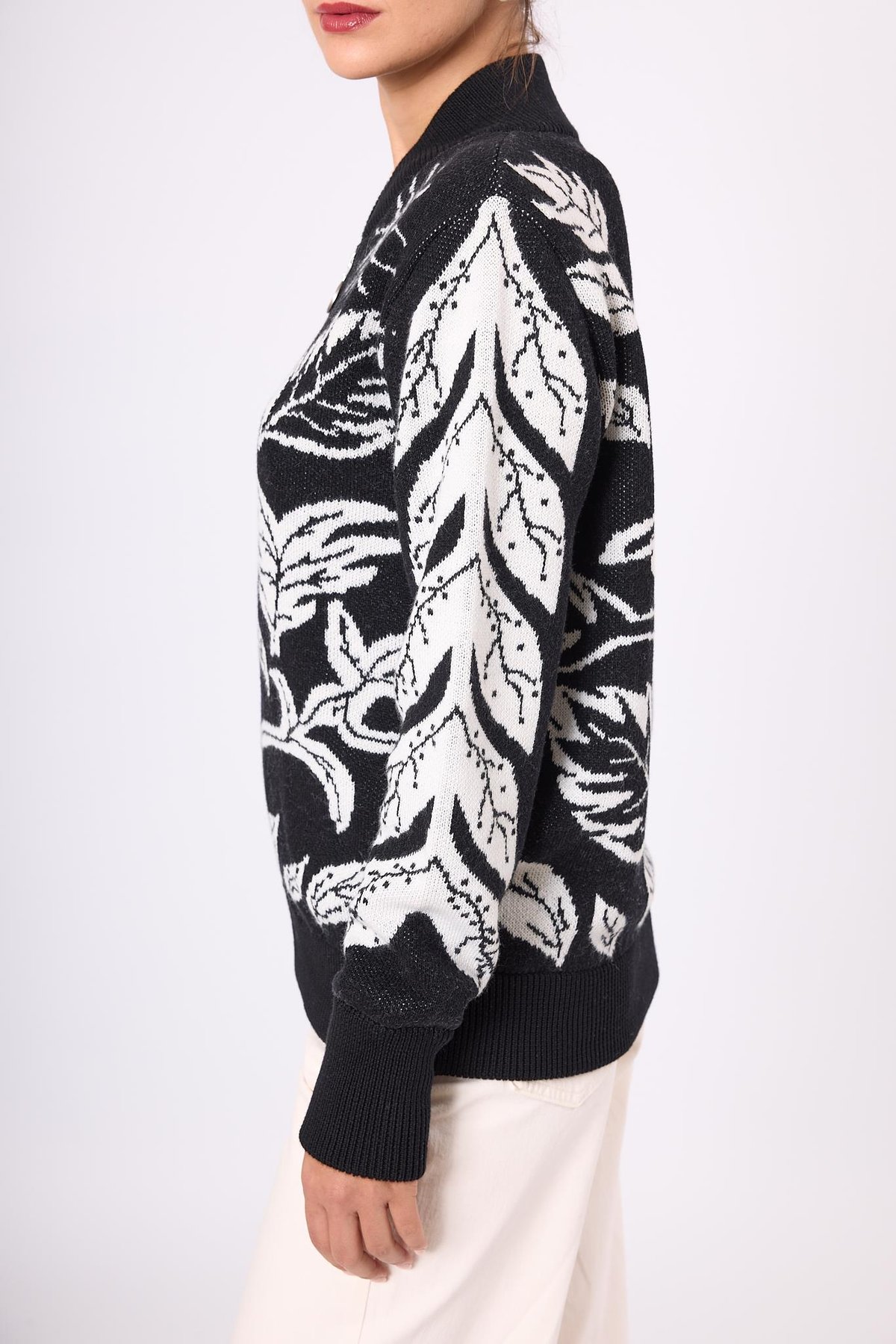 Peraluna Stardust Kadın Triko Bomber Ceket - Siyah/Ekru