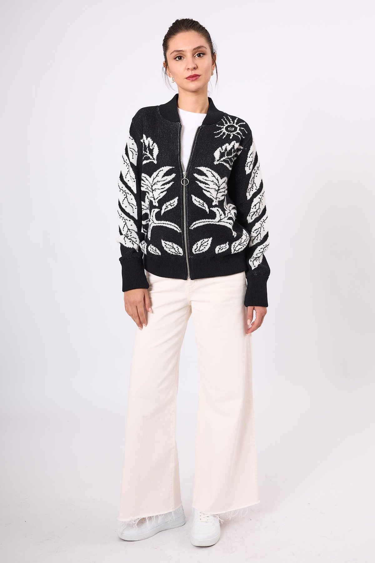 Peraluna Stardust Kadın Triko Bomber Ceket - Siyah/Ekru