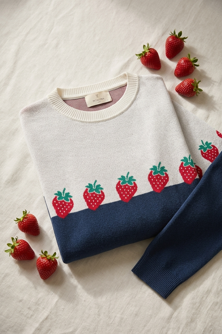 Peraluna Strawberry Kazak, O Yaka Kadın Triko Mevsimlik Kazak - Lacivert