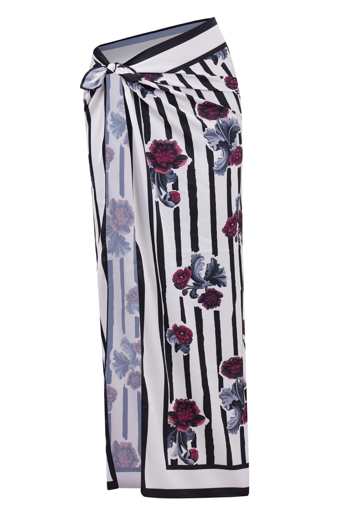 Peraluna STRIPE GARDEN SCARFE Çizgili Güllü Baskılı Saten Kadın Eşarp - Çok Renkli