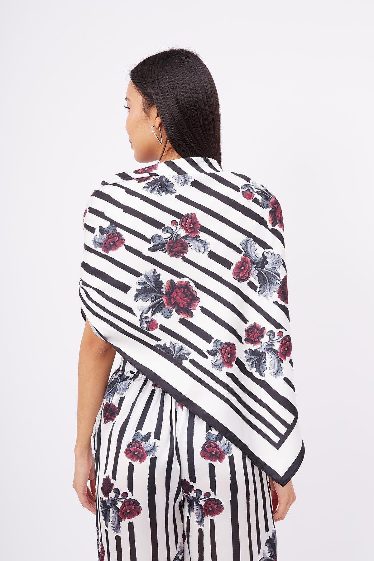 Peraluna STRIPE GARDEN SCARFE Çizgili Güllü Baskılı Saten Kadın Eşarp - Çok Renkli