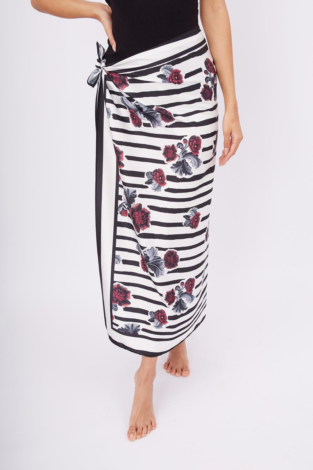 Peraluna STRIPE GARDEN SCARFE Çizgili Güllü Baskılı Saten Kadın Eşarp - Çok Renkli