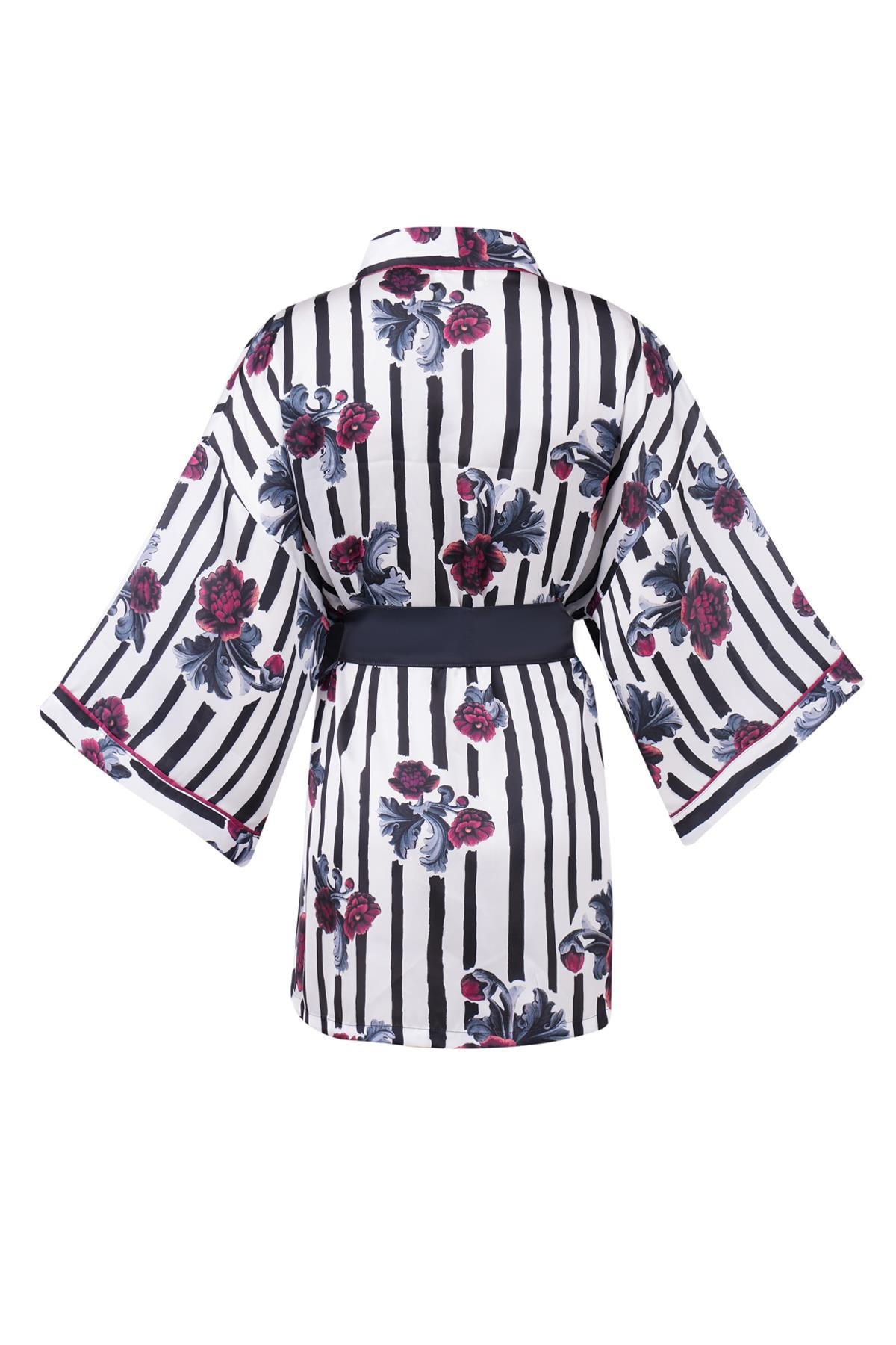 Peraluna STRIPE GARDEN SHORT KIMONO Çizgili Güllü Baskılı 80 CM Kısa Saten Kadın Kimono - Çok Renkli