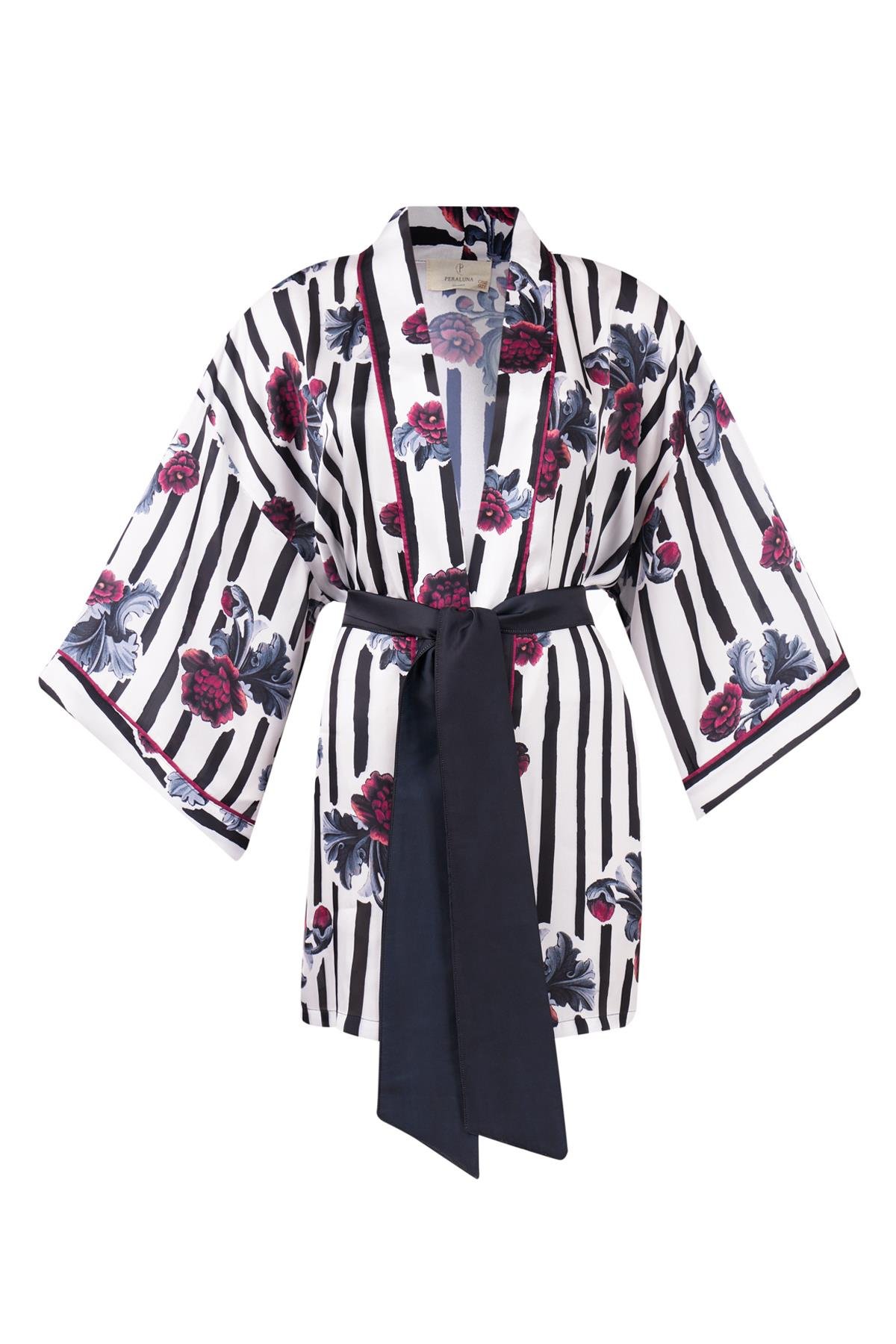 Peraluna STRIPE GARDEN SHORT KIMONO Çizgili Güllü Baskılı 80 CM Kısa Saten Kadın Kimono - Çok Renkli