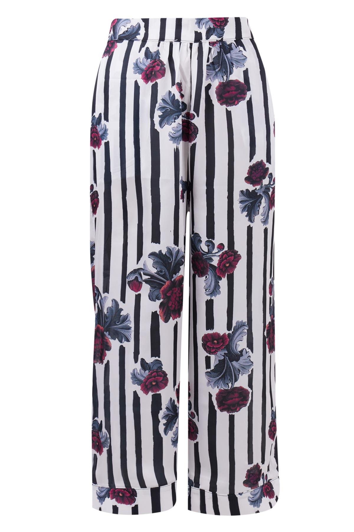 Peraluna STRIPE GARDEN TROUSER Çizgili Güllü Baskılı Saten Kadın Pantolon - Çok Renkli