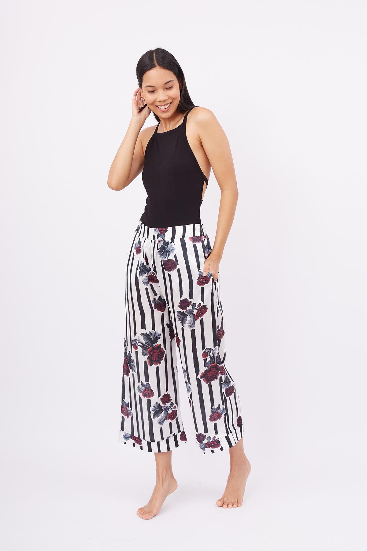 Peraluna STRIPE GARDEN TROUSER Çizgili Güllü Baskılı Saten Kadın Pantolon - Çok Renkli