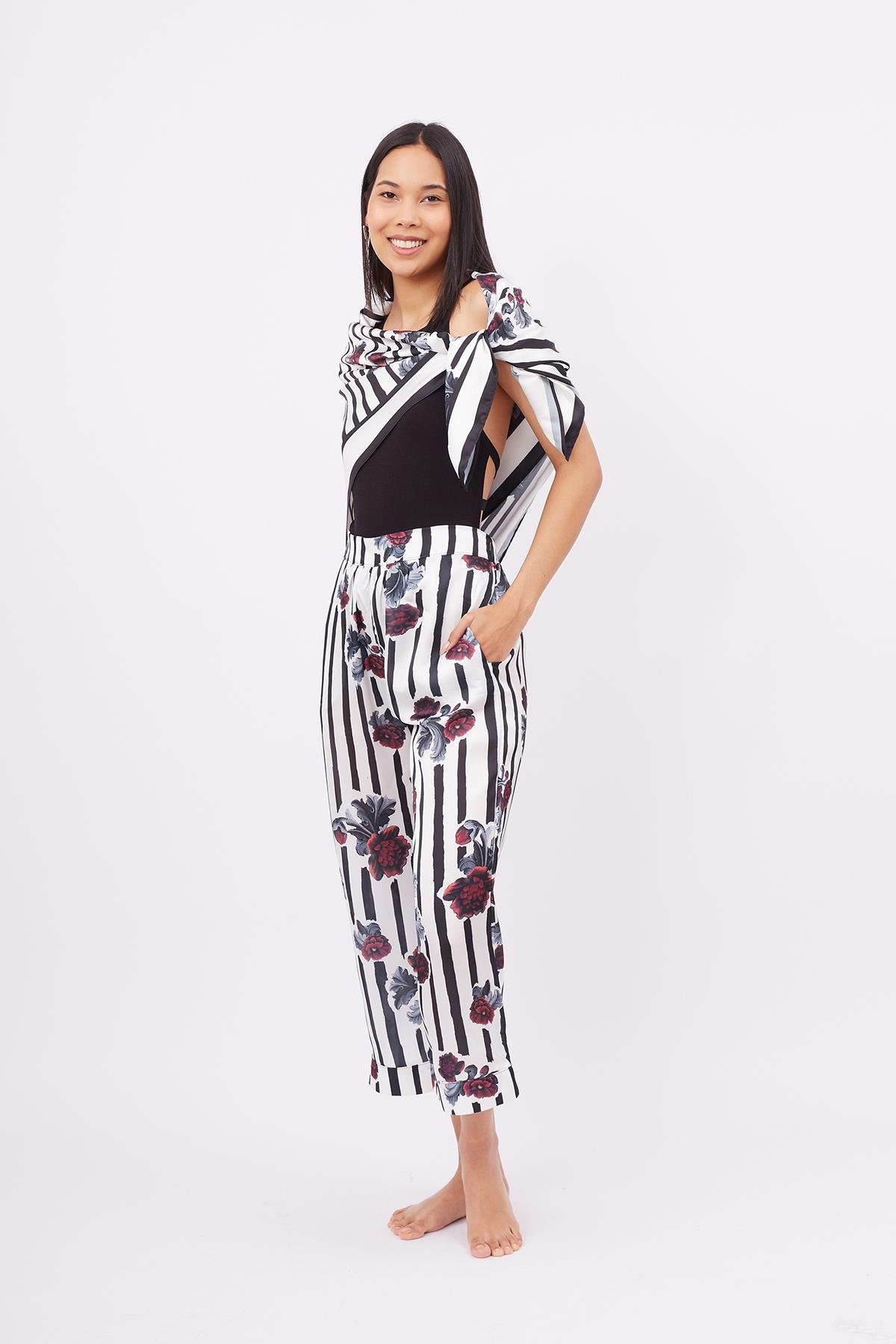 Peraluna STRIPE GARDEN TROUSER Çizgili Güllü Baskılı Saten Kadın Pantolon - Çok Renkli