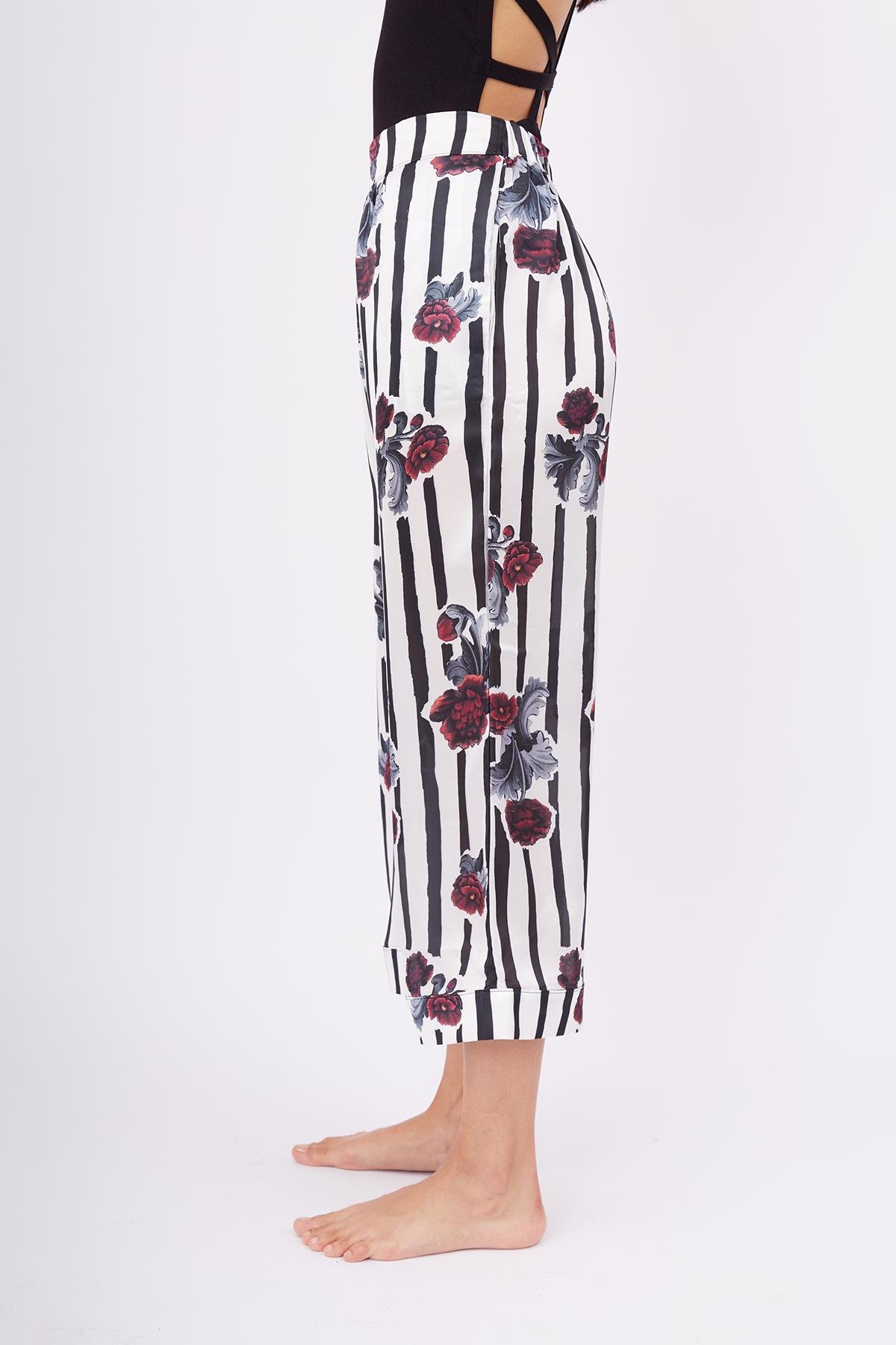 Peraluna STRIPE GARDEN TROUSER Çizgili Güllü Baskılı Saten Kadın Pantolon - Çok Renkli