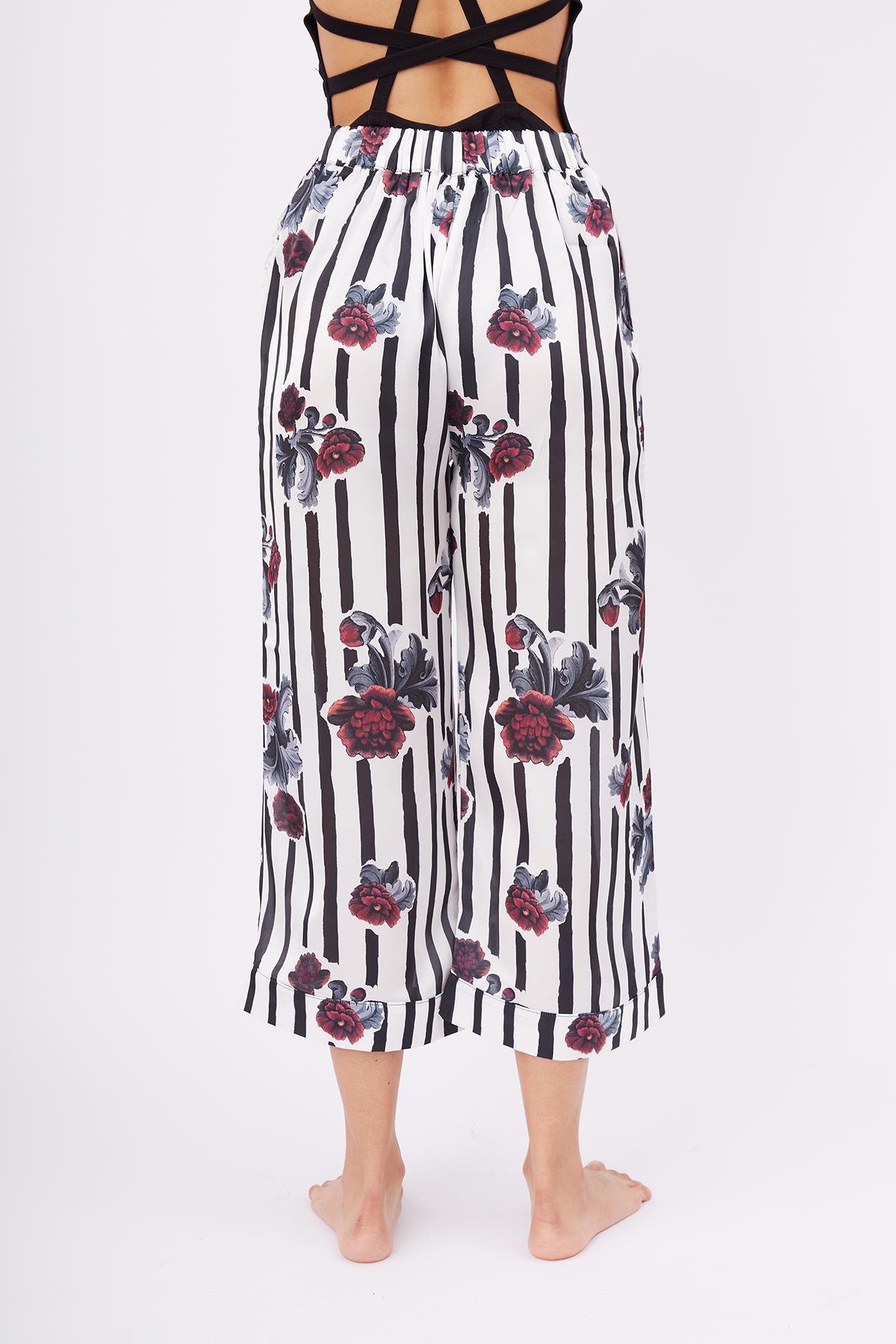 Peraluna STRIPE GARDEN TROUSER Çizgili Güllü Baskılı Saten Kadın Pantolon - Çok Renkli