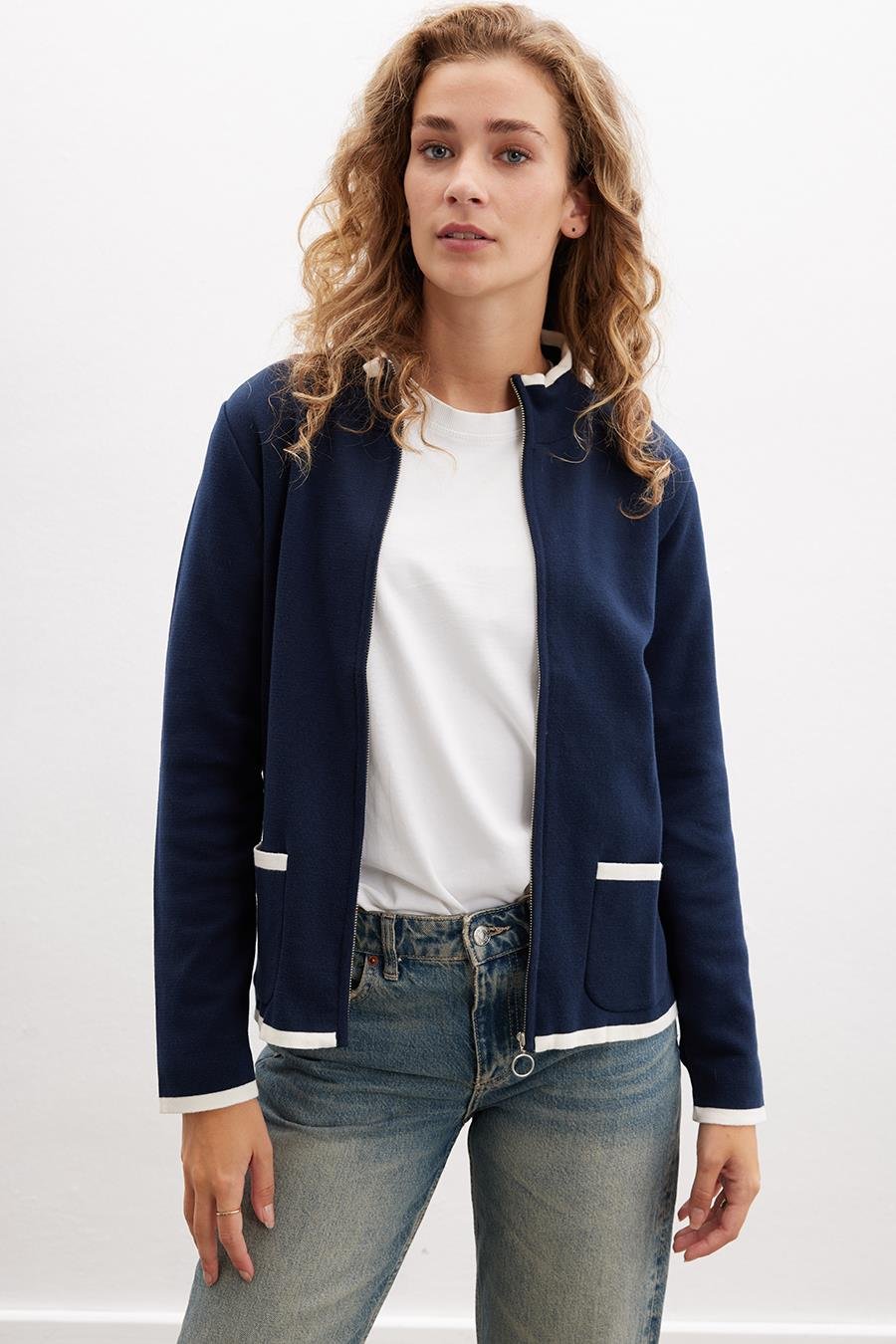 Peraluna Zippered Milano Stitch 2 Pockets %100 Organic Cotton Women’s Cardigan - Navy