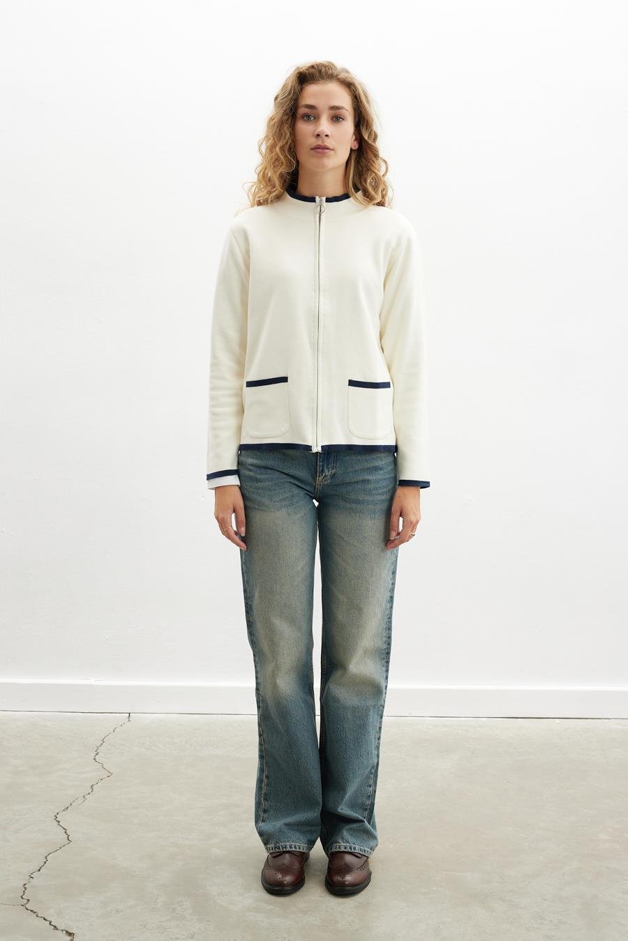 Peraluna Zippered Milano Stitch 2 Pockets %100 Organic Cotton Women’s Cardigan - Ecru