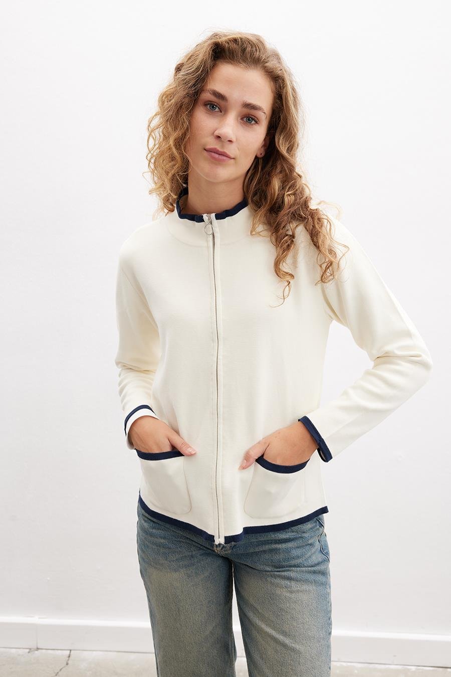 Peraluna Zippered Milano Stitch 2 Pockets %100 Organic Cotton Women’s Cardigan - Ecru