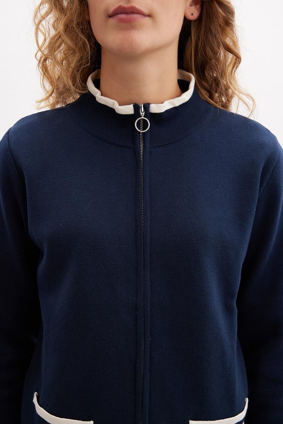 Peraluna Zippered Milano Stitch 2 Pockets %100 Organic Cotton Women’s Cardigan - Navy