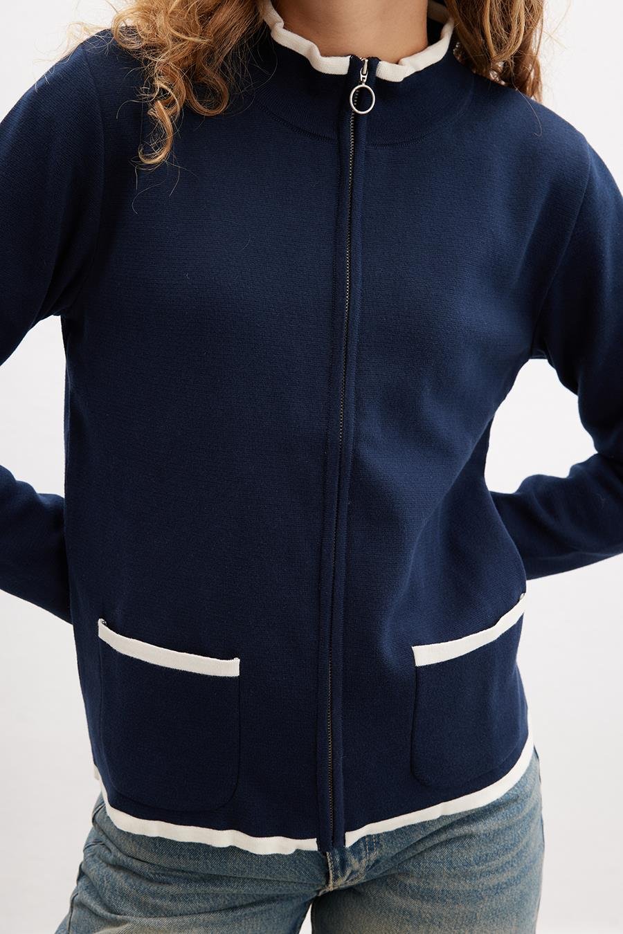 Peraluna Zippered Milano Stitch 2 Pockets %100 Organic Cotton Women’s Cardigan - Navy