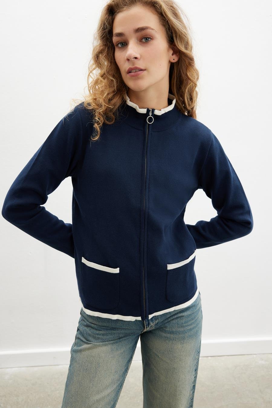 Peraluna Zippered Milano Stitch 2 Pockets %100 Organic Cotton Women’s Cardigan - Navy