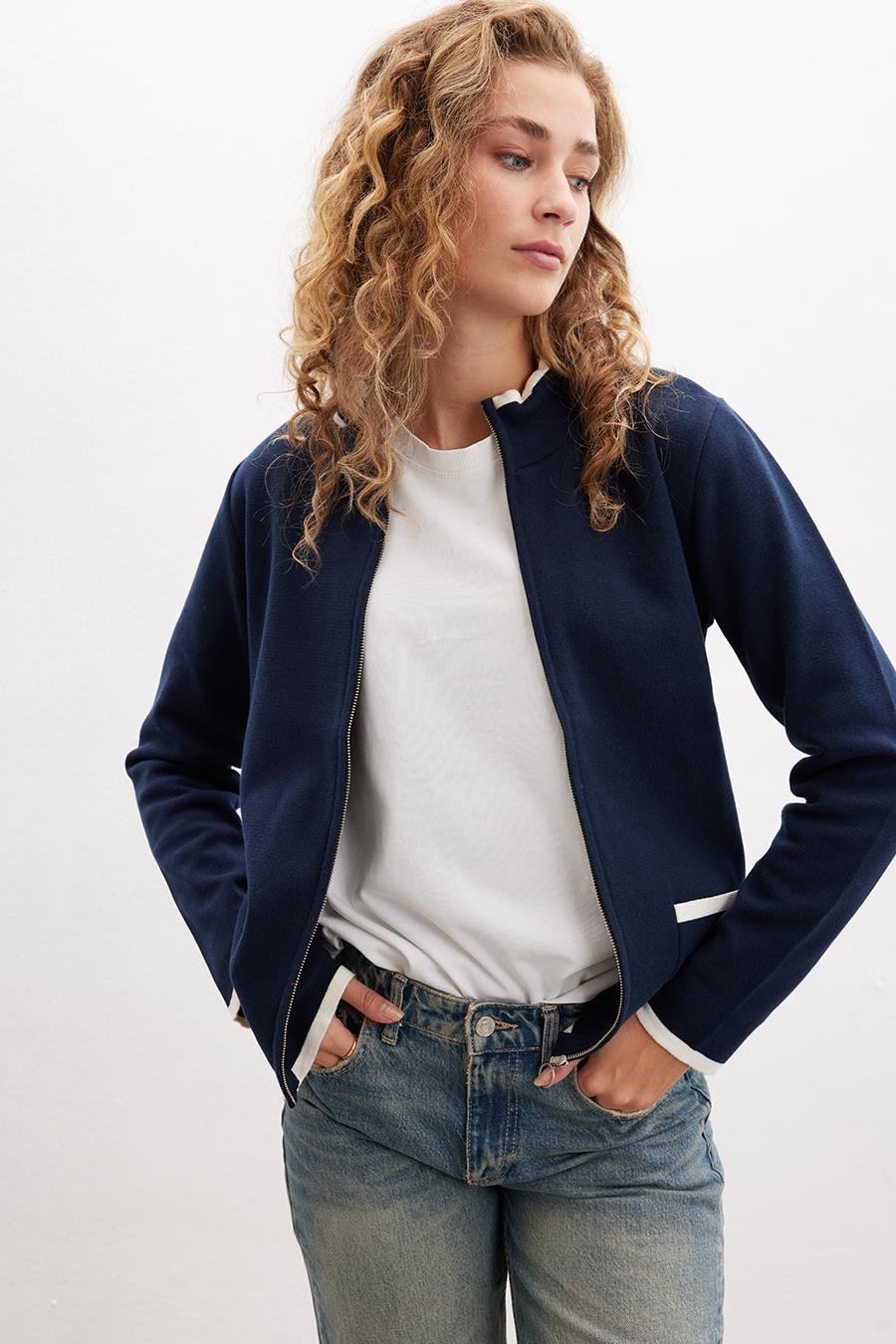 Peraluna Zippered Milano Stitch 2 Pockets %100 Organic Cotton Women’s Cardigan - Navy