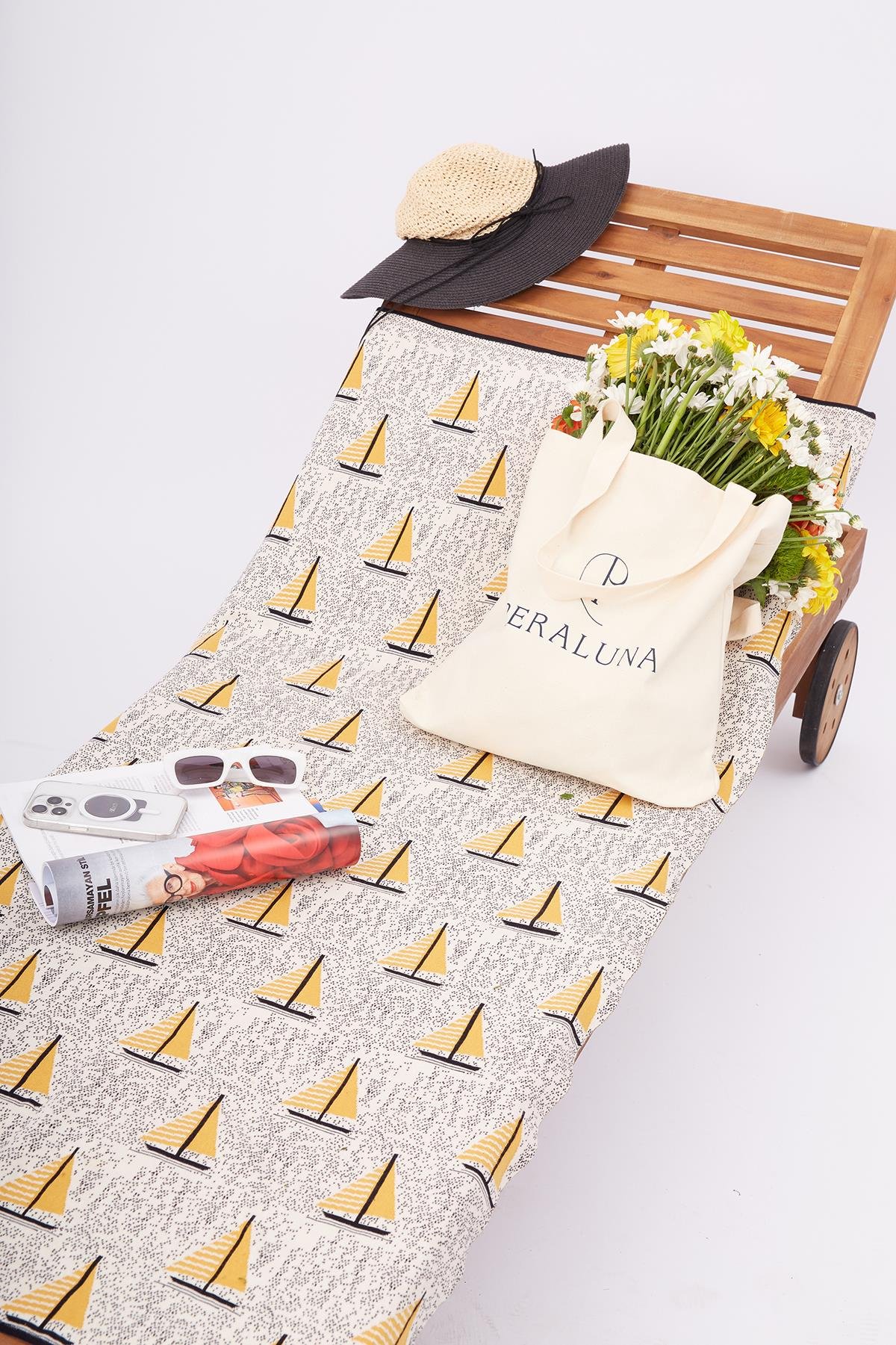 Peraluna SUMMER SAILING BEACH COVER Yelken Desenli Pamuklu Triko Plaj Örtüsü 75X150 CM - Ekru/Multi