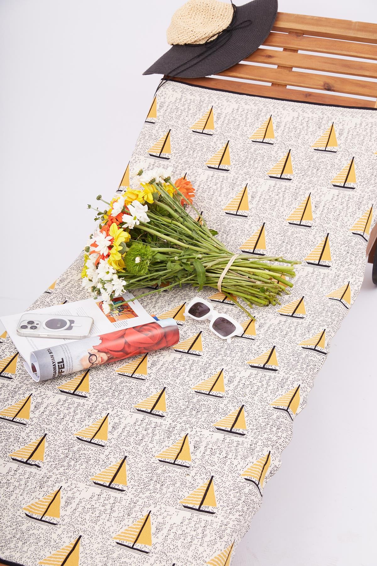 Peraluna SUMMER SAILING BEACH COVER Yelken Desenli Pamuklu Triko Plaj Örtüsü 75X150 CM - Ekru/Multi