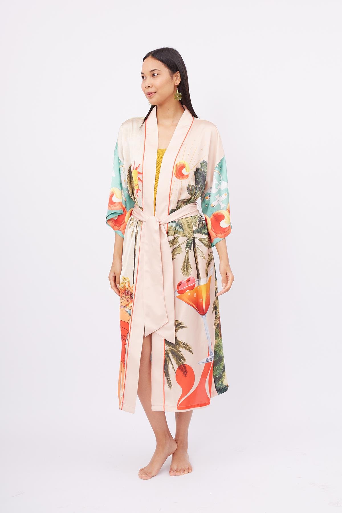 Peraluna SUMMER TIME LONG KİMONO Yaz Desenleri Baskılı 125 CM Uzun Saten Kadın Kimono - Çok Renkli