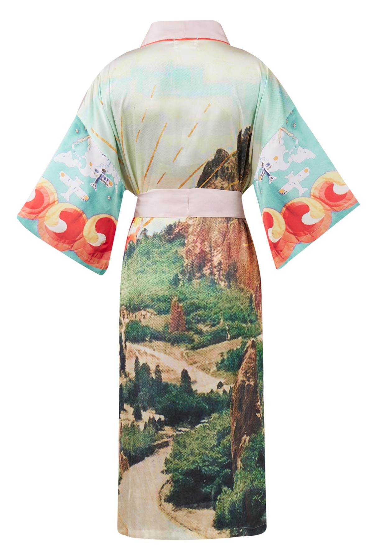 Peraluna SUMMER TIME LONG KİMONO Yaz Desenleri Baskılı 125 CM Uzun Saten Kadın Kimono - Çok Renkli
