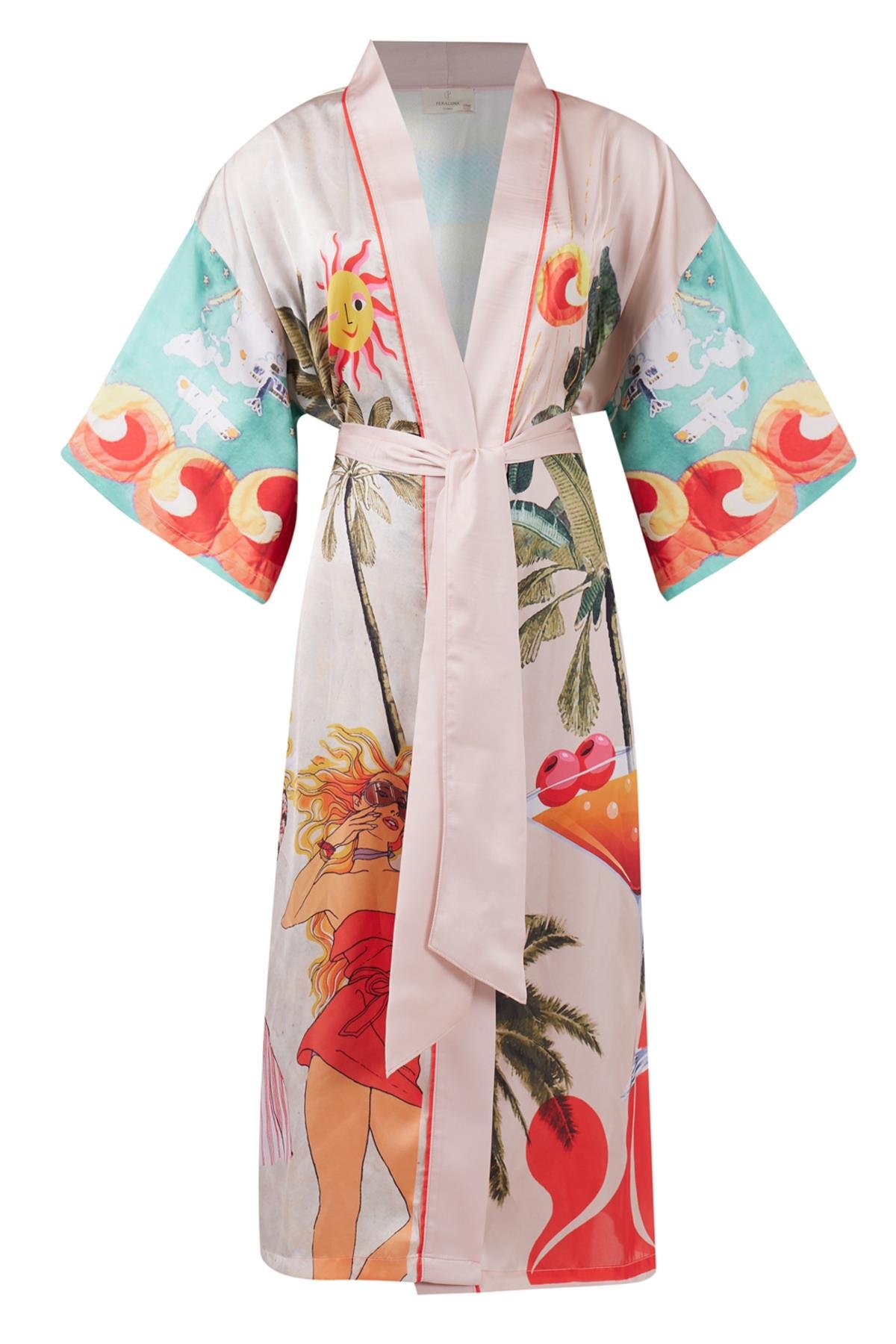 Peraluna SUMMER TIME LONG KİMONO Yaz Desenleri Baskılı 125 CM Uzun Saten Kadın Kimono - Çok Renkli