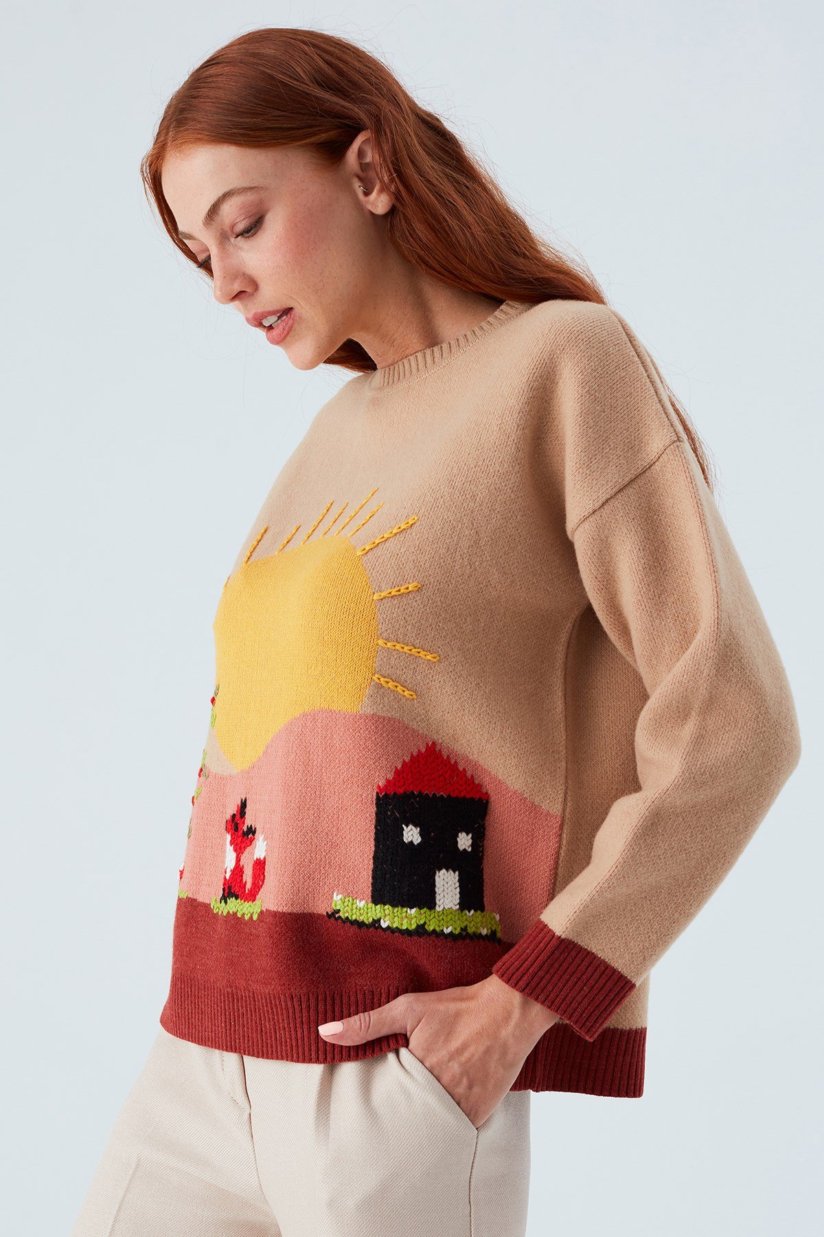 Peraluna SUNNY PULLOVER El İşlemeli Desenli Kadın Triko Kazak Bej/Kahve