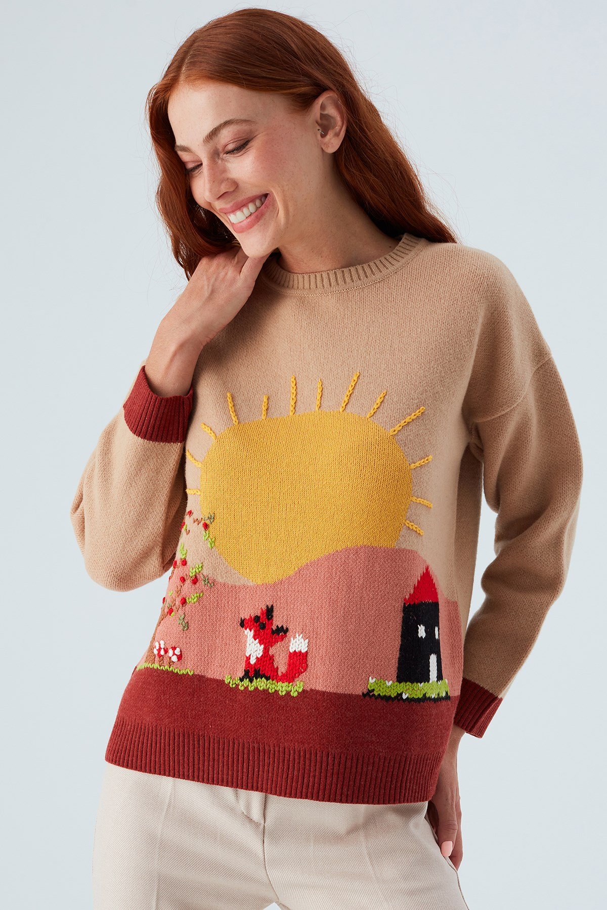 Peraluna SUNNY PULLOVER El İşlemeli Desenli Kadın Triko Kazak Bej/Kahve