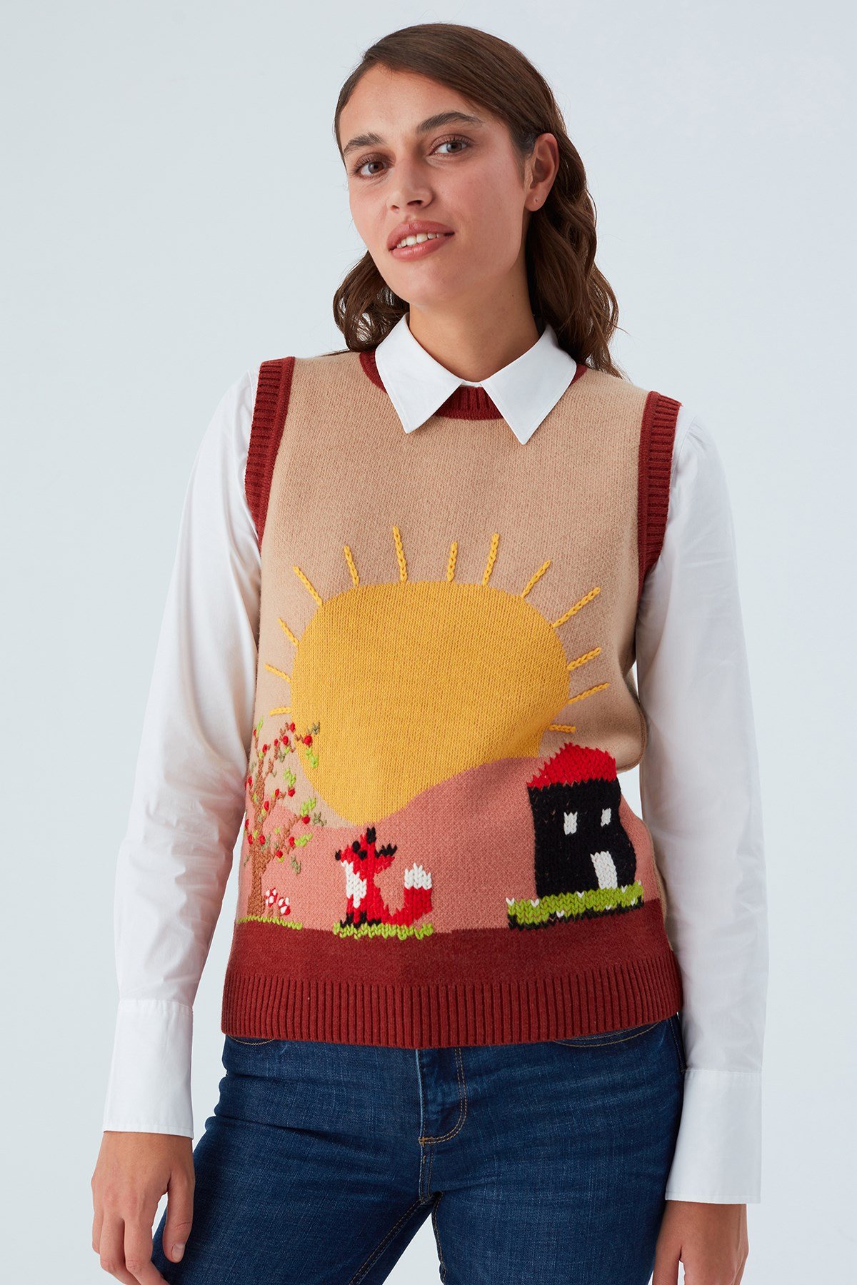 Peraluna SUNNY SLIPOVER El İşlemeli Kadın Triko Süveter Bej/Kahve