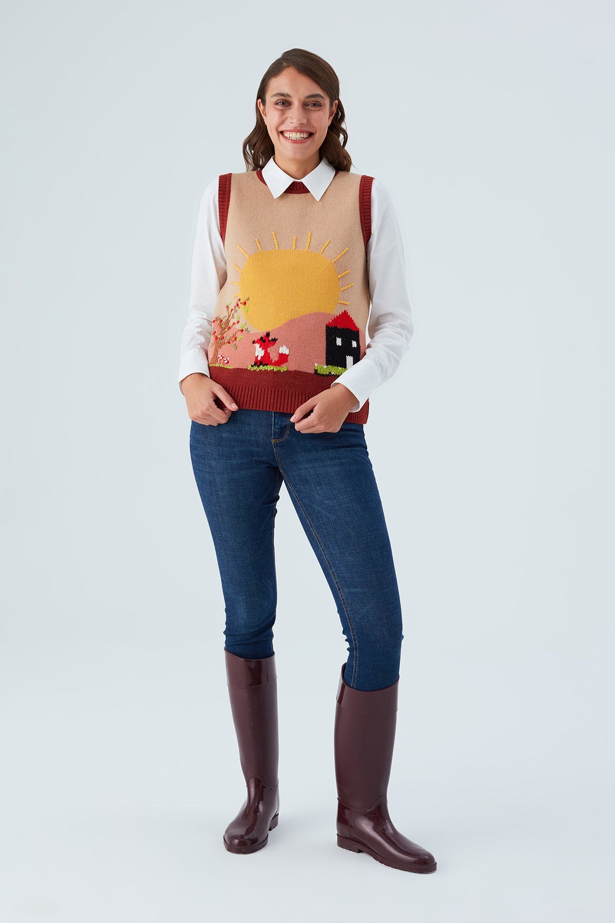 Peraluna SUNNY SLIPOVER El İşlemeli Kadın Triko Süveter Bej/Kahve