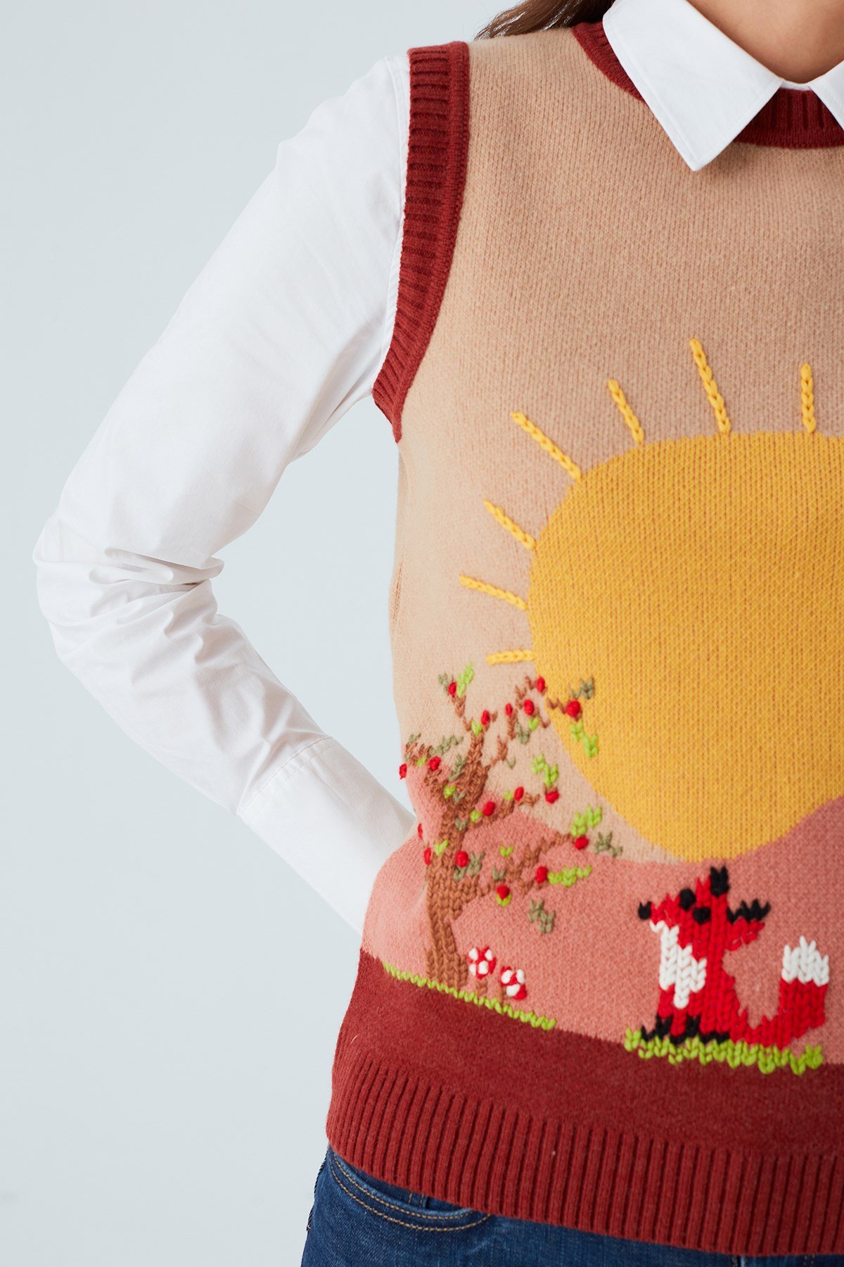 Peraluna SUNNY SLIPOVER El İşlemeli Kadın Triko Süveter Bej/Kahve