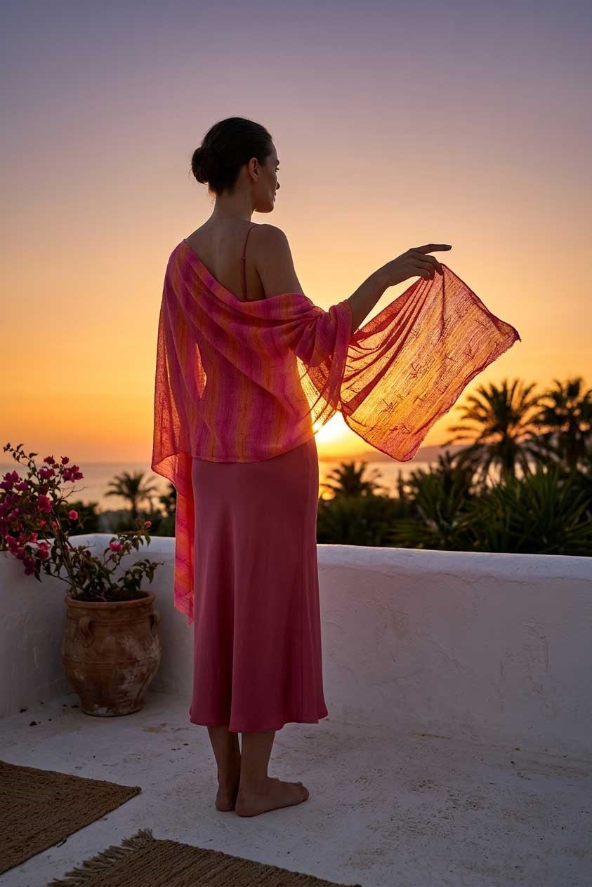 Peraluna Sunset Bloom Fular, Renk Geçişli İnce Fular - Pembe Turuncu Multi
